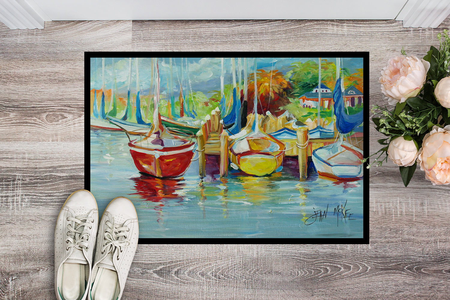 On the Dock Sailboats Doormat Indoor Outdoor 24H X 36W Front Door Mat Rugs for Entryway, Non Slip Washable Low Pile,