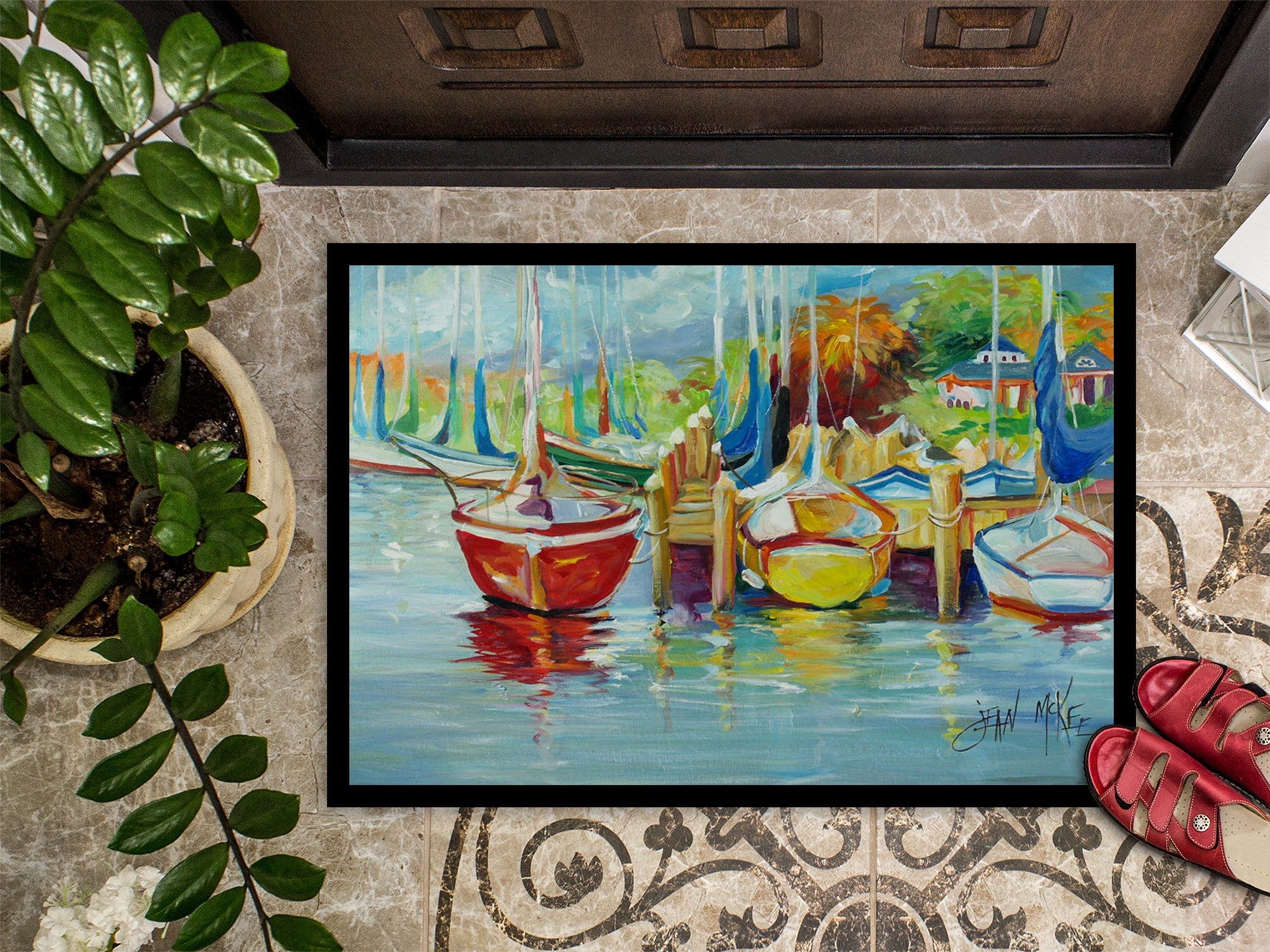 On the Dock Sailboats Doormat Indoor Outdoor 24H X 36W Front Door Mat Rugs for Entryway, Non Slip Washable Low Pile,