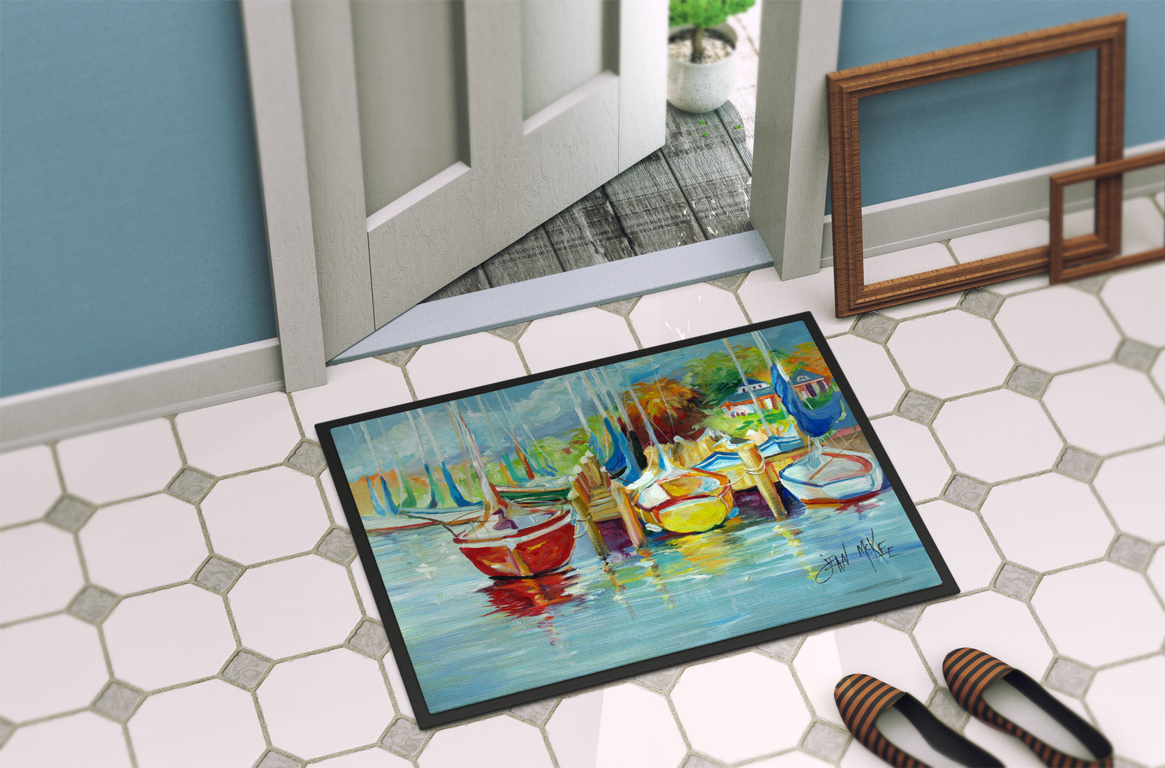 On the Dock Sailboats Doormat Indoor Outdoor 24H X 36W Front Door Mat Rugs for Entryway, Non Slip Washable Low Pile,