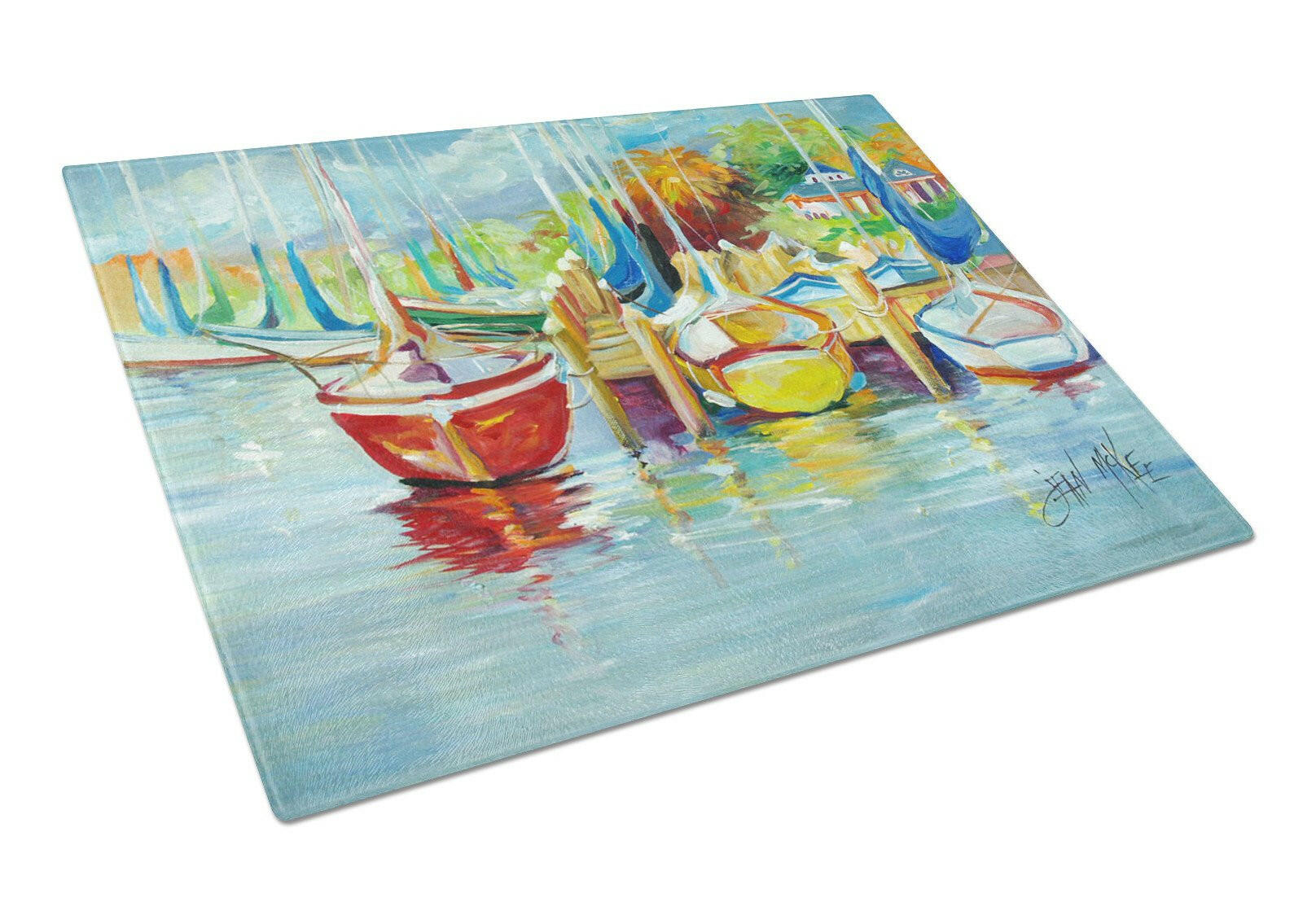 On the Dock Sailboats Cutting Board Tempered Glass Kitchen Cutting Surface, Heat Resistant Chopping, Non-Slip Feet, Food Prep & Serving