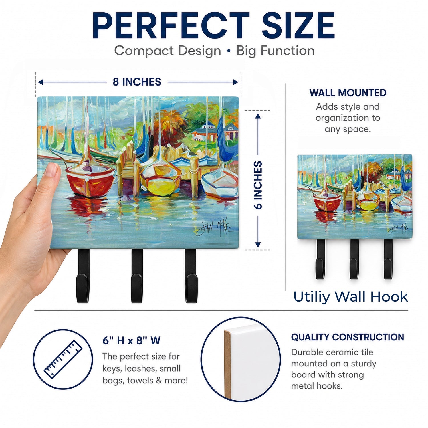 On the Dock Sailboats Leash or Key Holder Wall Hooks, Coat Rack Wall Mount, for Hanging Keys, Towels, Aprons, Leashes