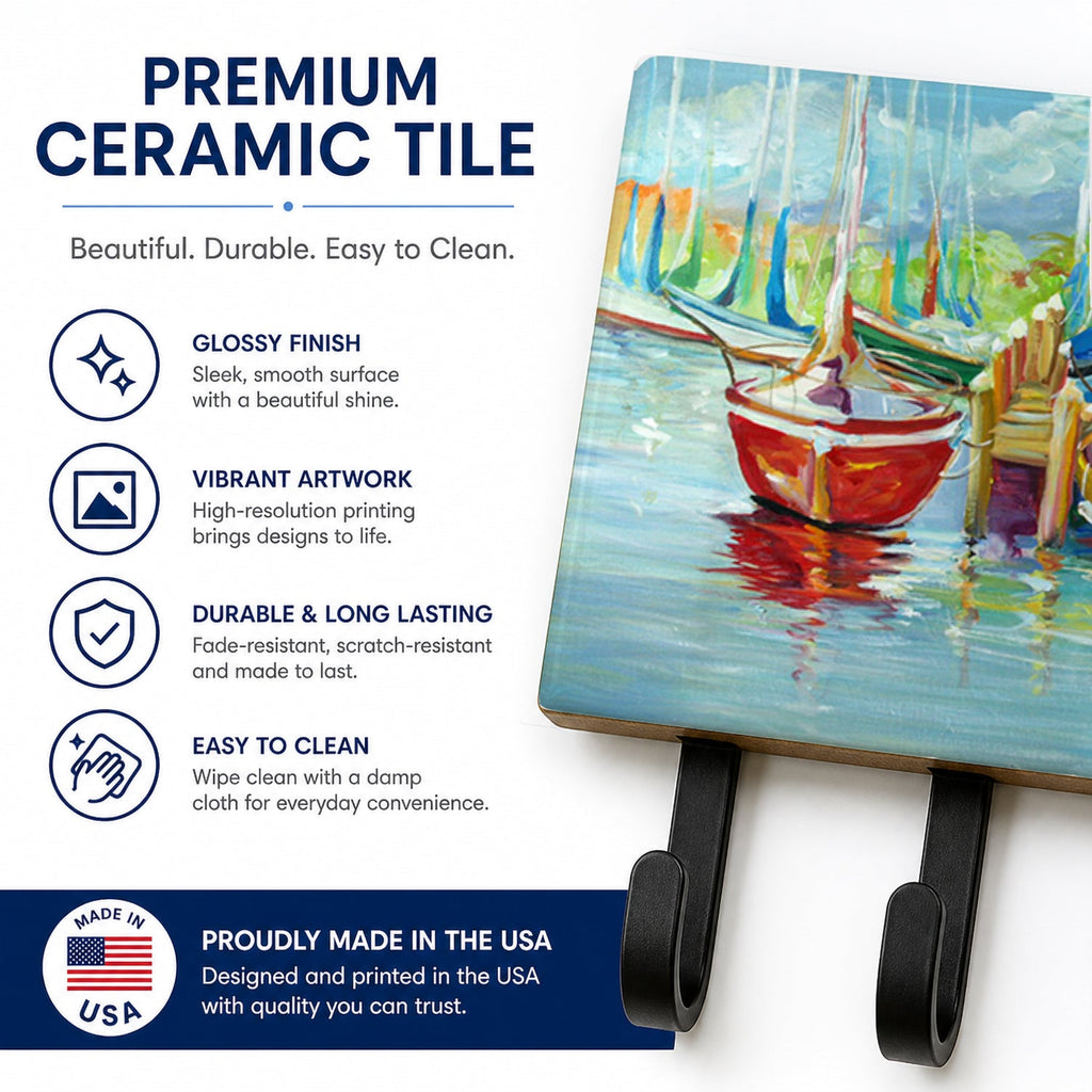 On the Dock Sailboats Leash or Key Holder Wall Hooks, Coat Rack Wall Mount, for Hanging Keys, Towels, Aprons, Leashes
