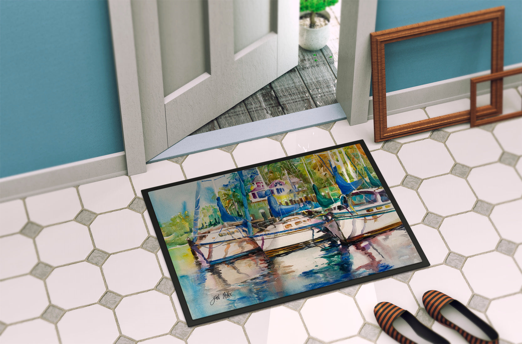 Safe Harbour Sailboats Doormat Indoor Outdoor 24H X 36W Front Door Mat Rugs for Entryway, Non Slip Washable Low Pile,