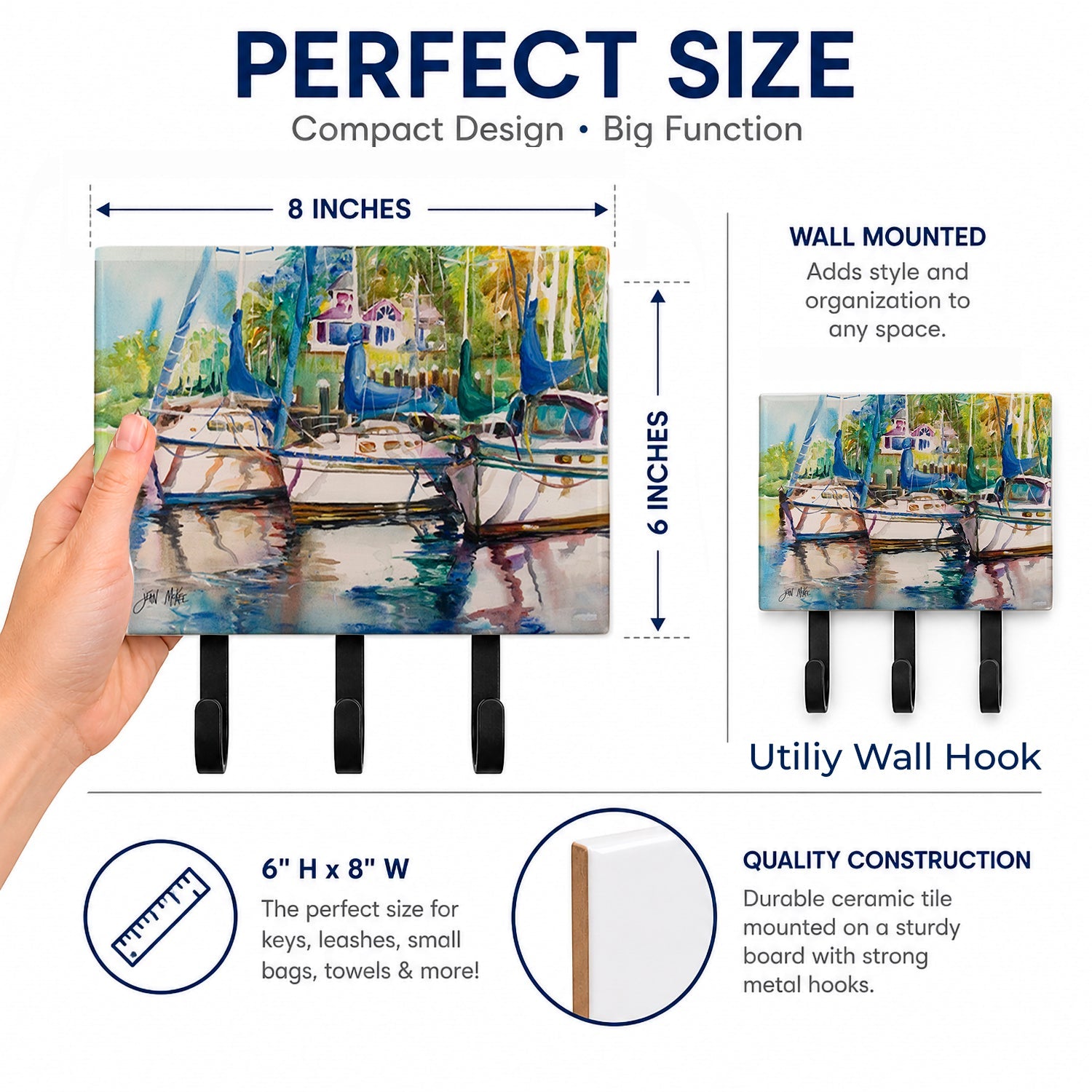 Safe Harbour Sailboats Leash or Key Holder Wall Hooks, Coat Rack Wall Mount, for Hanging Keys, Towels, Aprons, Leashes