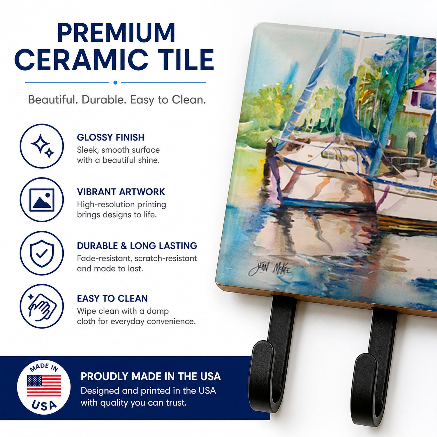 Safe Harbour Sailboats Leash or Key Holder Wall Hooks, Coat Rack Wall Mount, for Hanging Keys, Towels, Aprons, Leashes