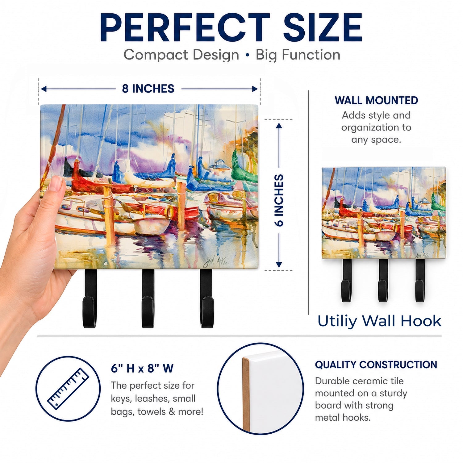 Run Away Sailboats Leash or Key Holder Wall Hooks, Coat Rack Wall Mount, for Hanging Keys, Towels, Aprons, Leashes