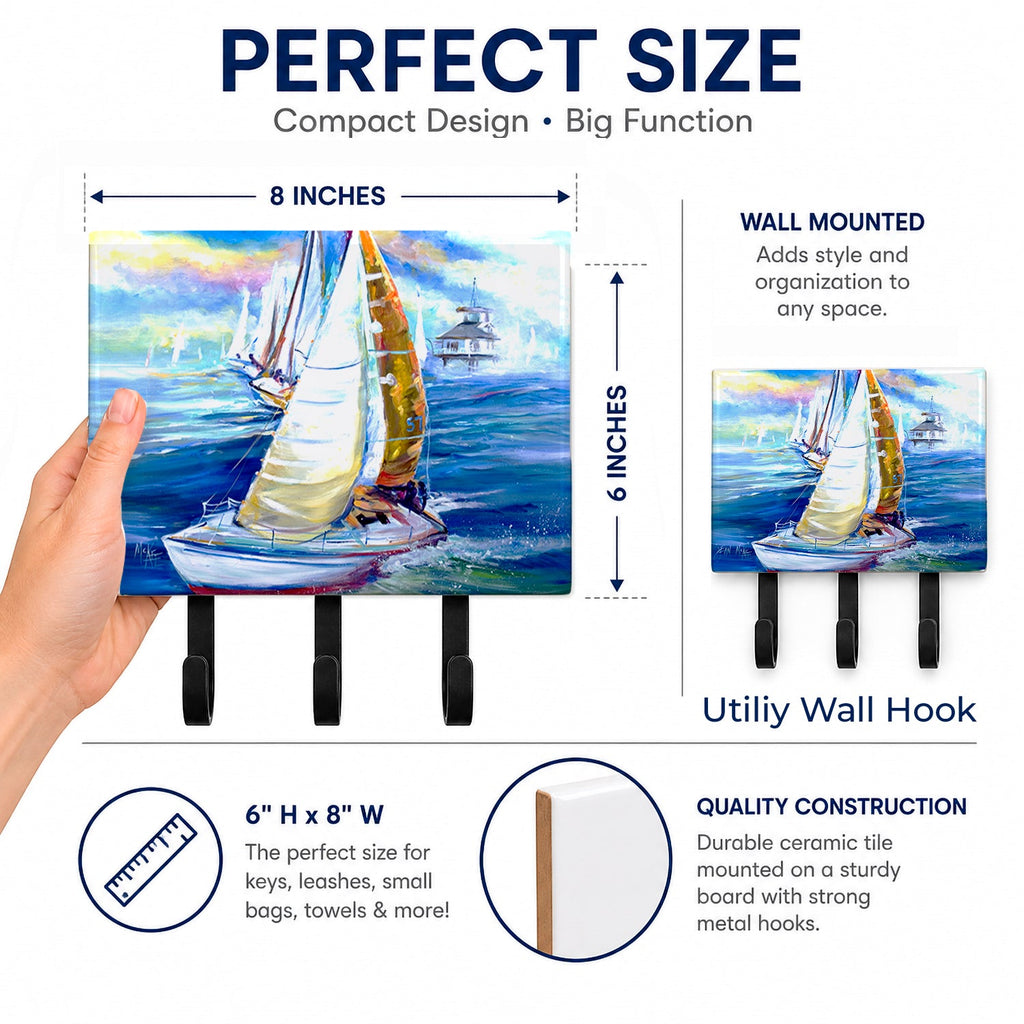 Rock my Boat Sailboats Leash or Key Holder Wall Hooks, Coat Rack Wall Mount, for Hanging Keys, Towels, Aprons, Leashes