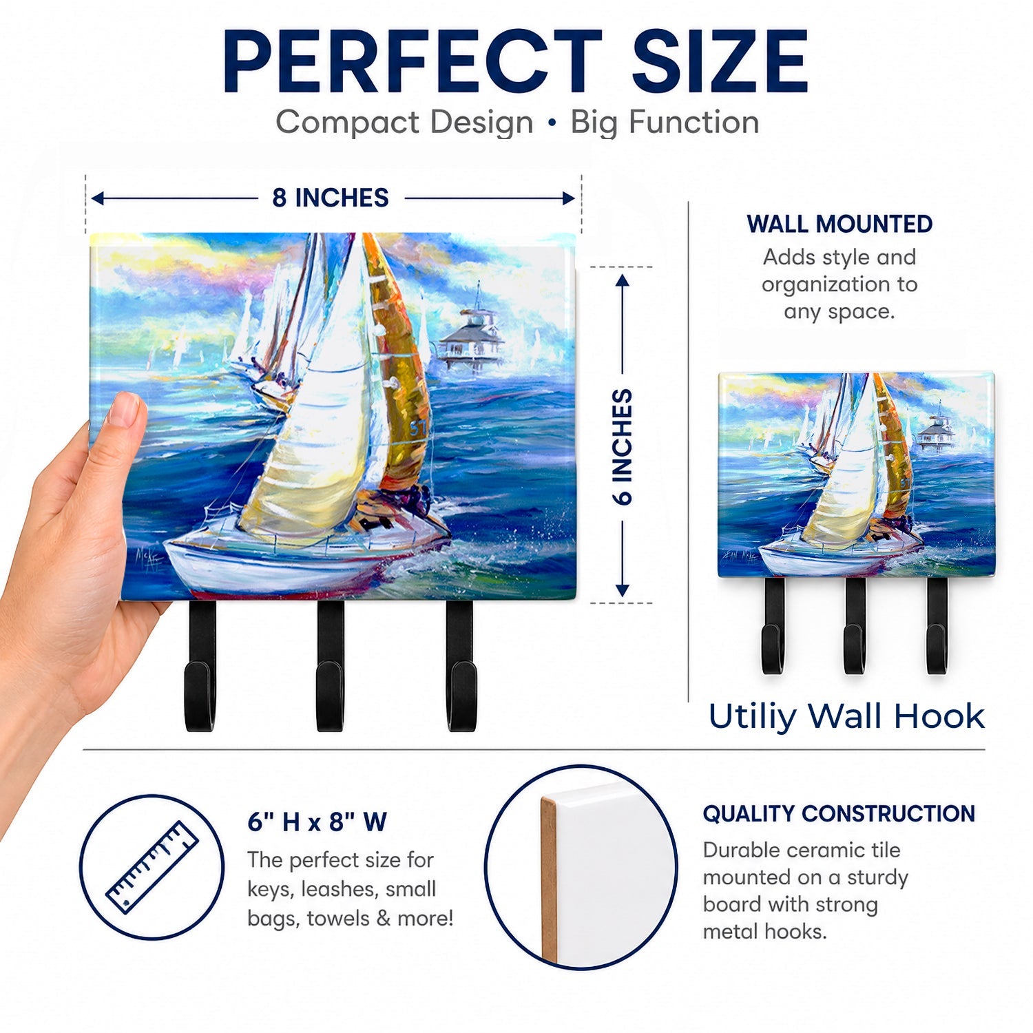 Rock my Boat Sailboats Leash or Key Holder Wall Hooks, Coat Rack Wall Mount, for Hanging Keys, Towels, Aprons, Leashes