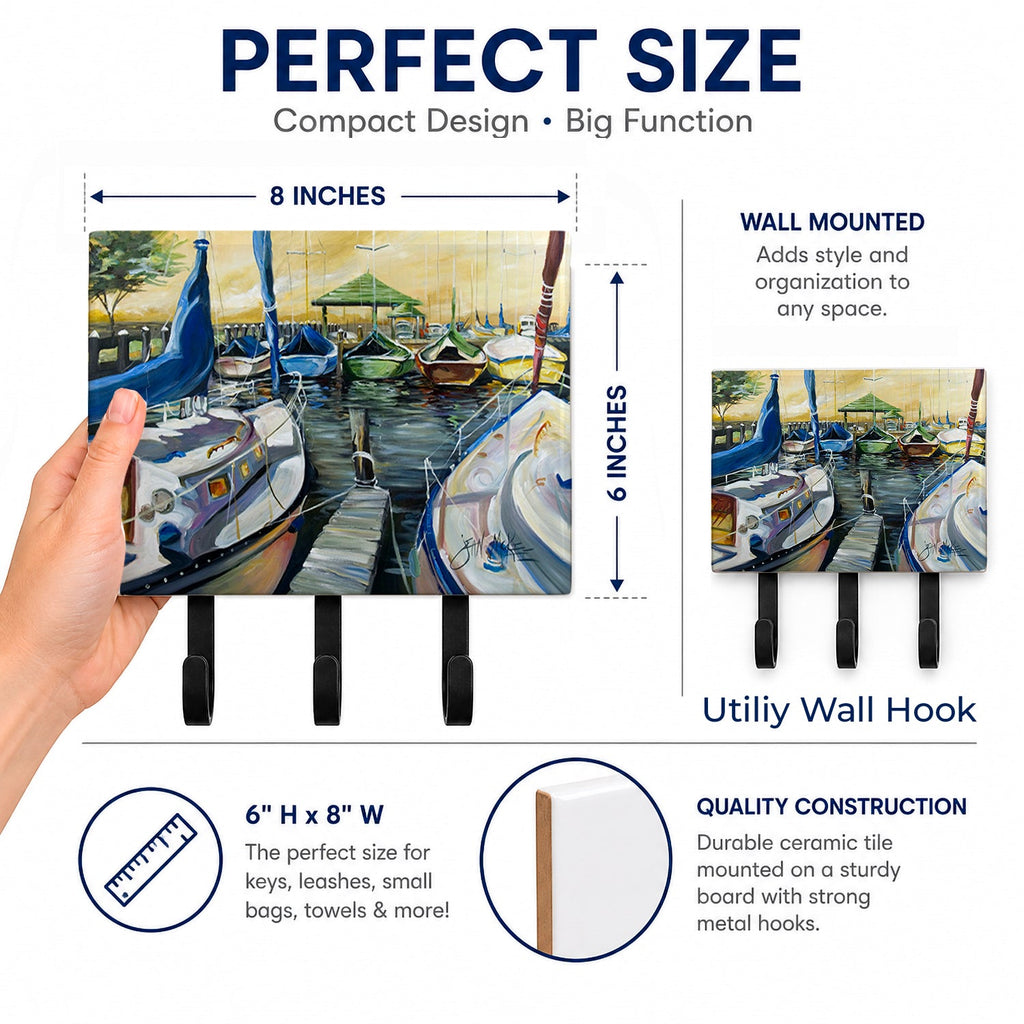 Seven Boats Sailboats Leash or Key Holder Wall Hooks, Coat Rack Wall Mount, for Hanging Keys, Towels, Aprons, Leashes