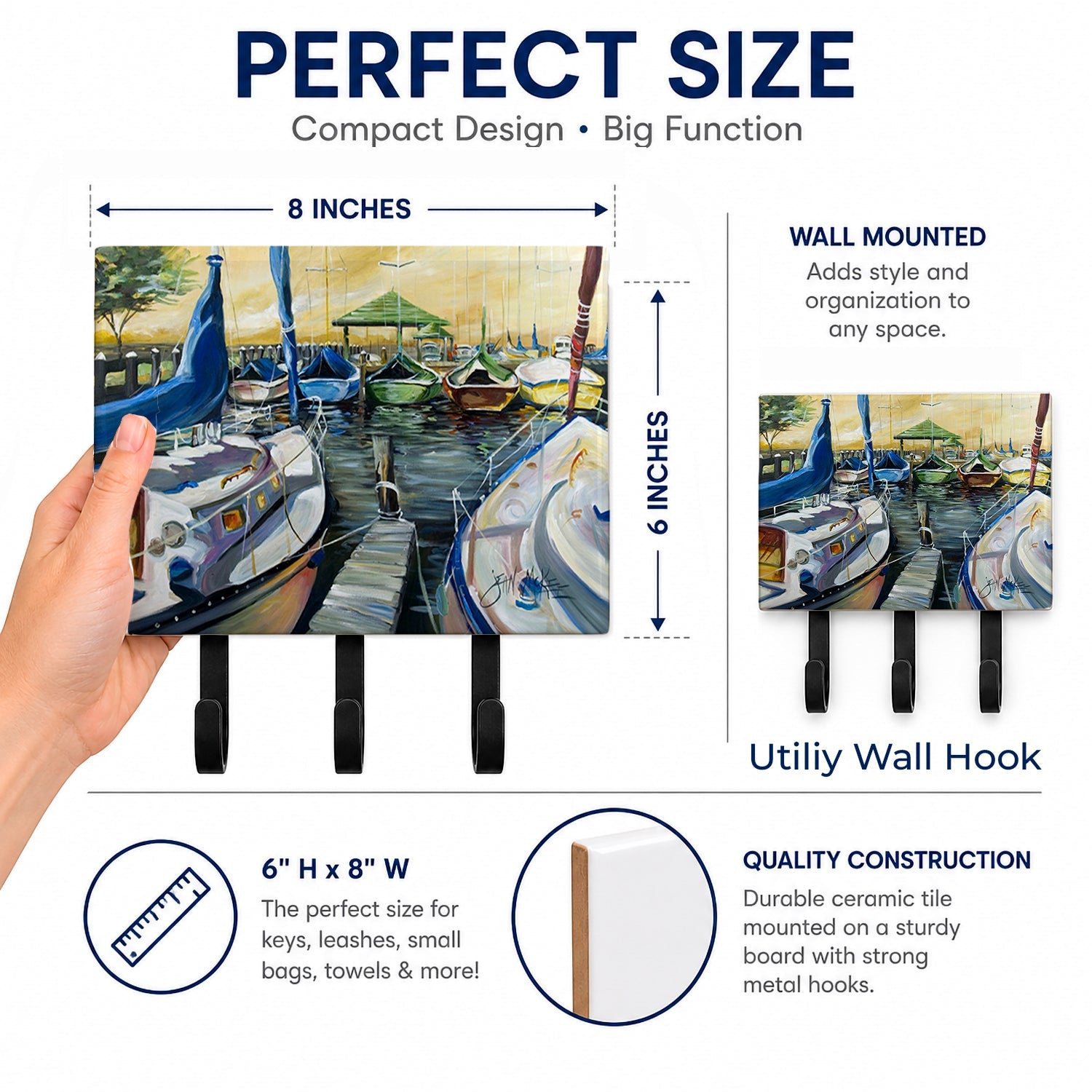 Seven Boats Sailboats Leash or Key Holder Wall Hooks, Coat Rack Wall Mount, for Hanging Keys, Towels, Aprons, Leashes