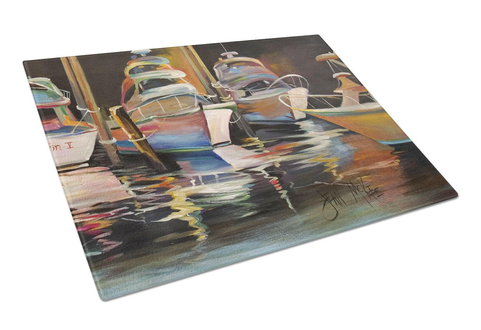 Sea Chase Deep Sea Fishing Boats Cutting Board Tempered Glass Kitchen Cutting Surface, Heat Resistant Chopping, Non-Slip Feet, Food Prep & Serving