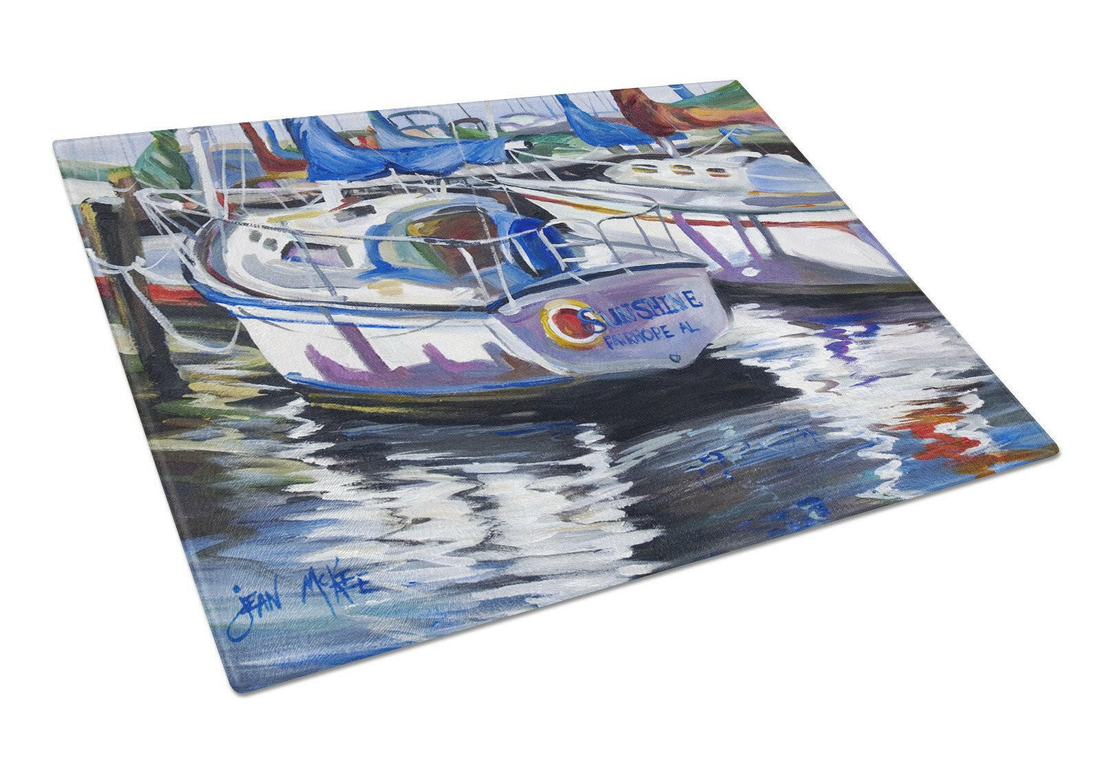 Sunshine Sailboat Cutting Board Tempered Glass Kitchen Cutting Surface, Heat Resistant Chopping, Non-Slip Feet, Food Prep & Serving
