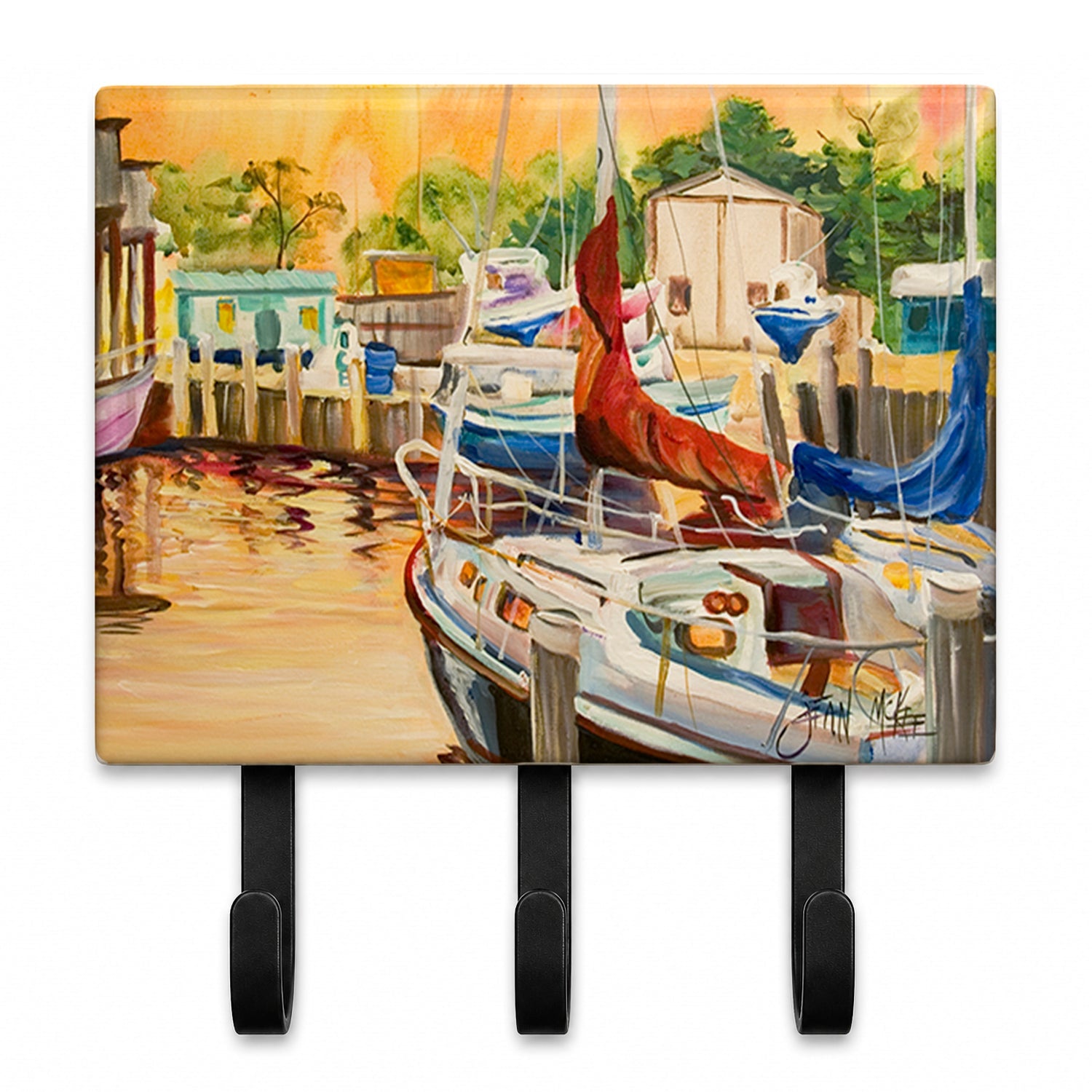 Sunset Bay Sailboat Leash or Key Holder Wall Hooks, Coat Rack Wall Mount, for Hanging Keys, Towels, Aprons, Leashes