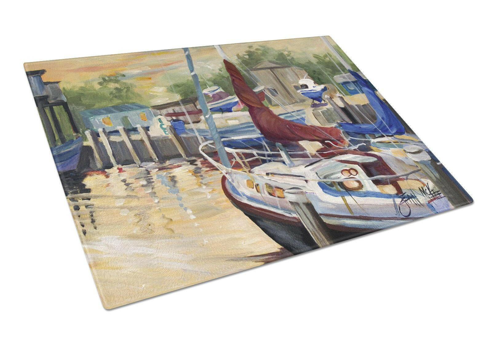 New Sunset Bay Sailboat Cutting Board Tempered Glass Kitchen Cutting Surface, Heat Resistant Chopping, Non-Slip Feet, Food Prep & Serving
