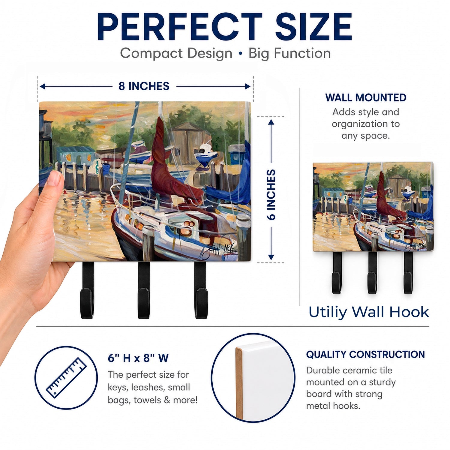 New Sunset Bay Sailboat Leash or Key Holder Wall Hooks, Coat Rack Wall Mount, for Hanging Keys, Towels, Aprons, Leashes