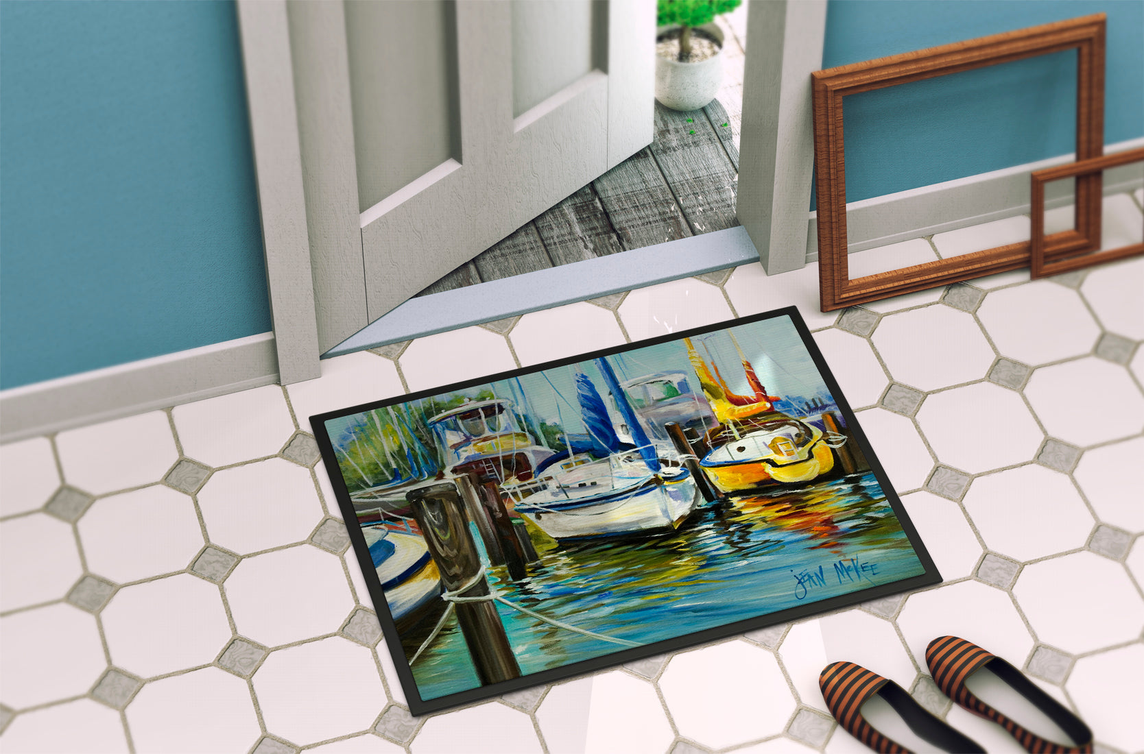 Yellow boat II Sailboat Doormat Indoor Outdoor 24H X 36W Front Door Mat Rugs for Entryway, Non Slip Washable Low Pile,
