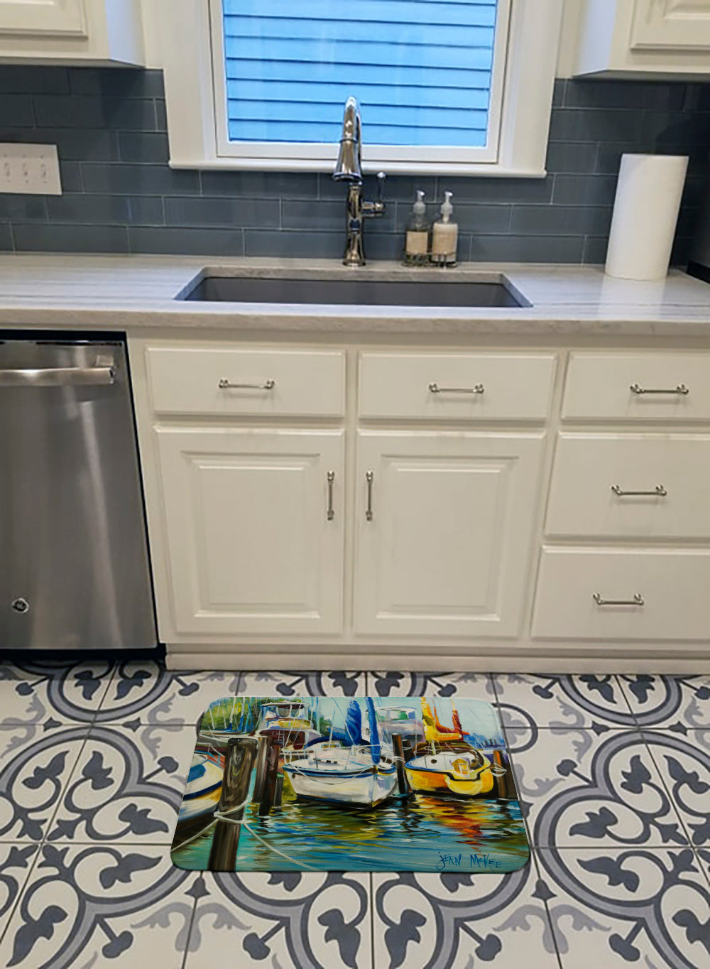 Yellow boat II Sailboat Memory Foam Kitchen Mat Machine Washable Anti-Fatigue Cushion Comfort Bath or Kitchen Rug