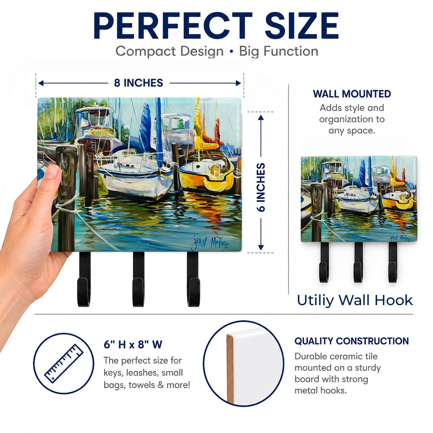 Yellow boat II Sailboat Leash or Key Holder Wall Hooks, Coat Rack Wall Mount, for Hanging Keys, Towels, Aprons, Leashes