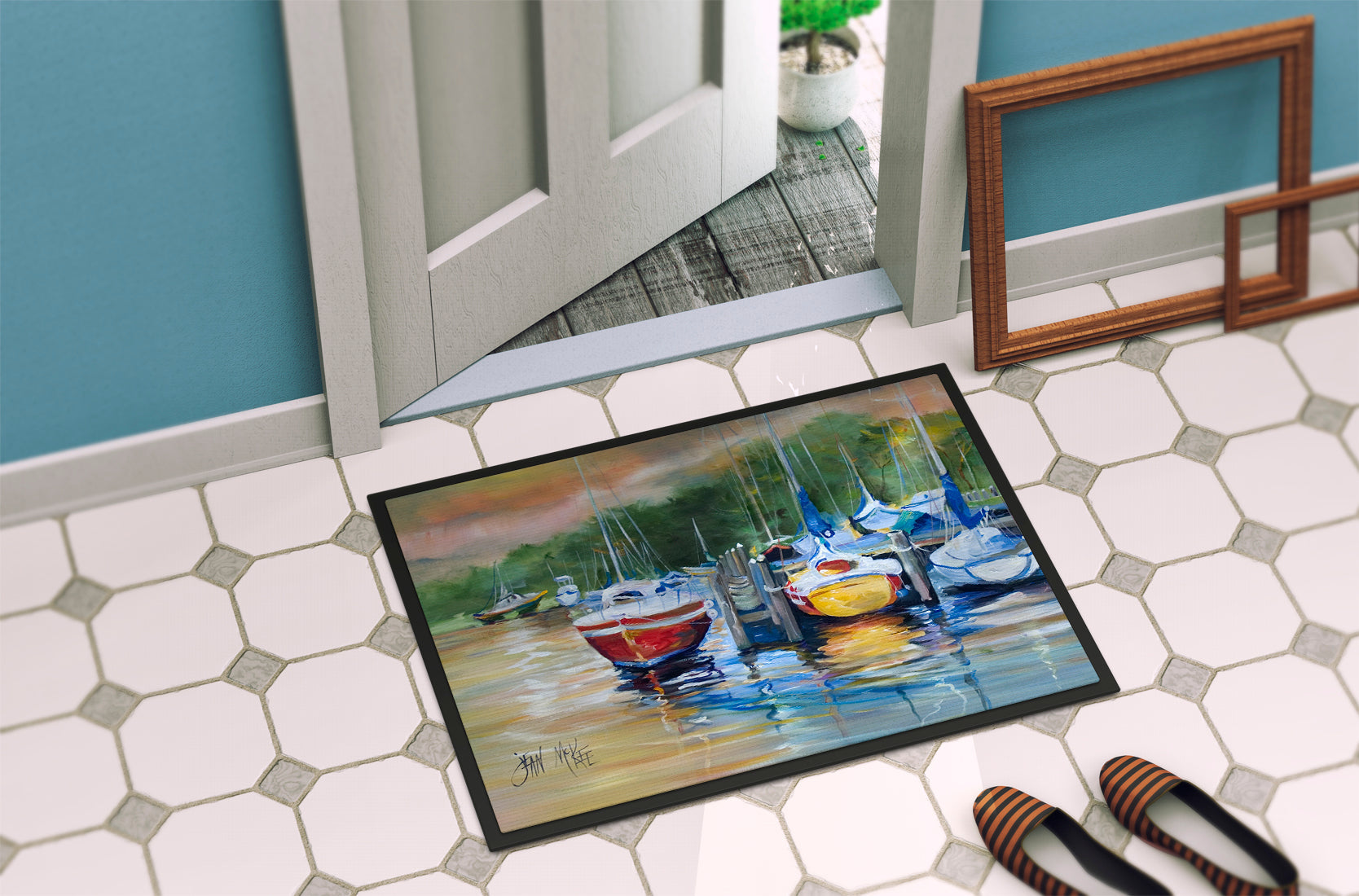 Up the Creek Sailboat Doormat Indoor Outdoor 24H X 36W Front Door Mat Rugs for Entryway, Non Slip Washable Low Pile,