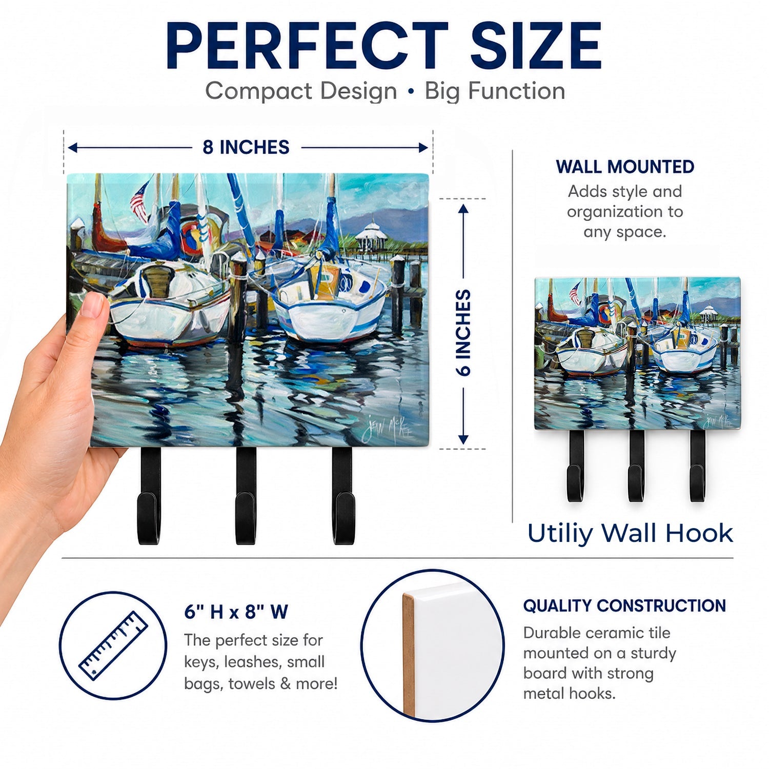 Tourquoise Bay Sailboat Leash or Key Holder Wall Hooks, Coat Rack Wall Mount, for Hanging Keys, Towels, Aprons, Leashes