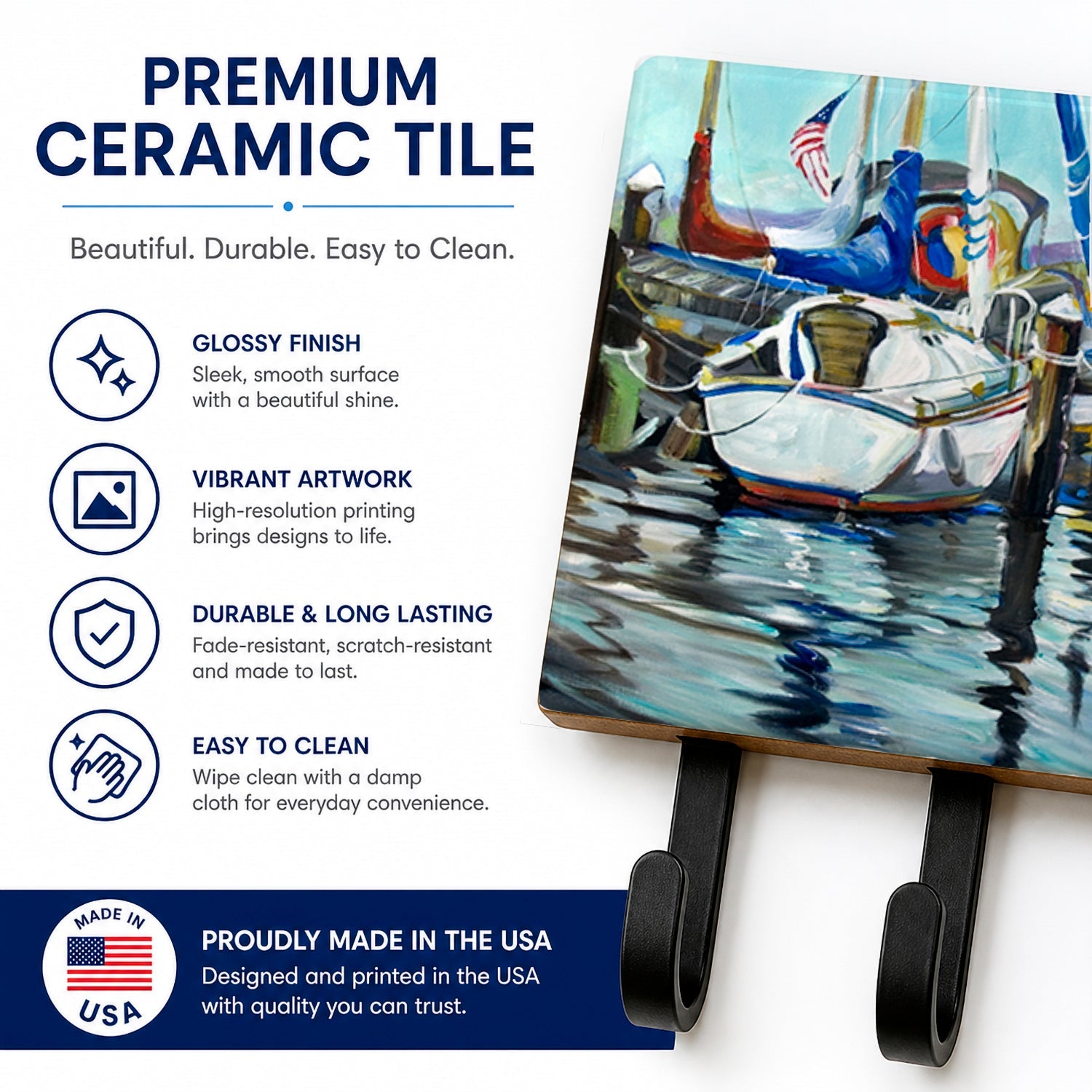 Tourquoise Bay Sailboat Leash or Key Holder Wall Hooks, Coat Rack Wall Mount, for Hanging Keys, Towels, Aprons, Leashes
