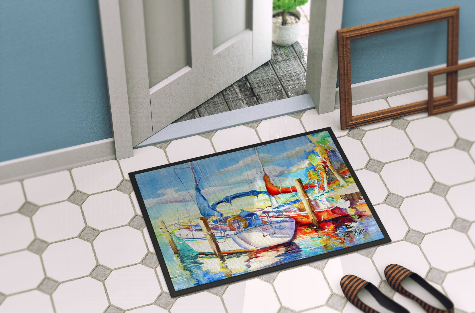 Towering Q Sailboat Doormat Indoor Outdoor 24H X 36W Front Door Mat Rugs for Entryway, Non Slip Washable Low Pile,
