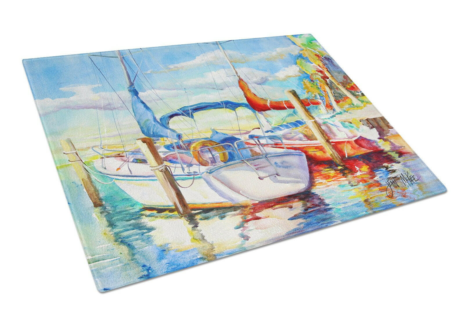 Towering Q Sailboat Cutting Board Tempered Glass Kitchen Cutting Surface, Heat Resistant Chopping, Non-Slip Feet, Food Prep & Serving