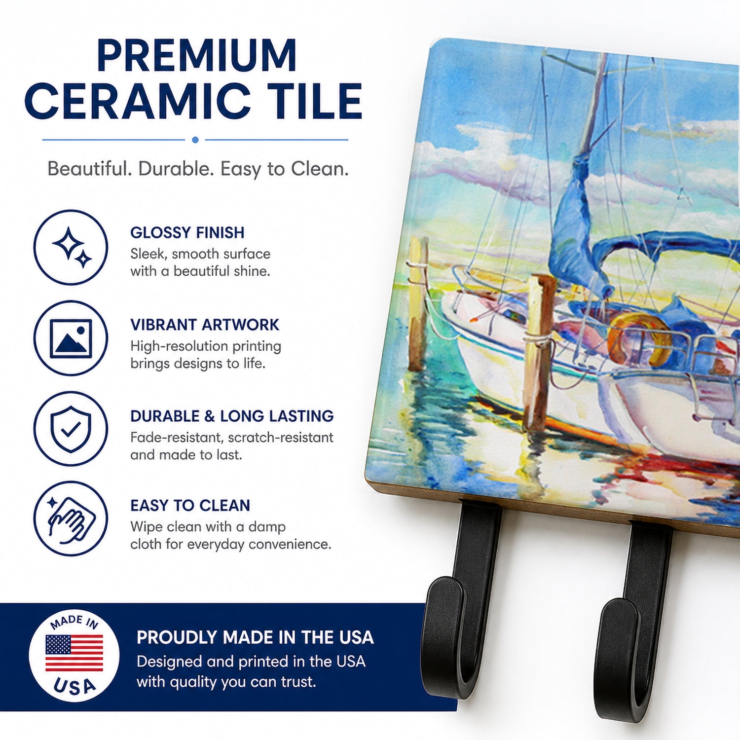 Towering Q Sailboat Leash or Key Holder Wall Hooks, Coat Rack Wall Mount, for Hanging Keys, Towels, Aprons, Leashes
