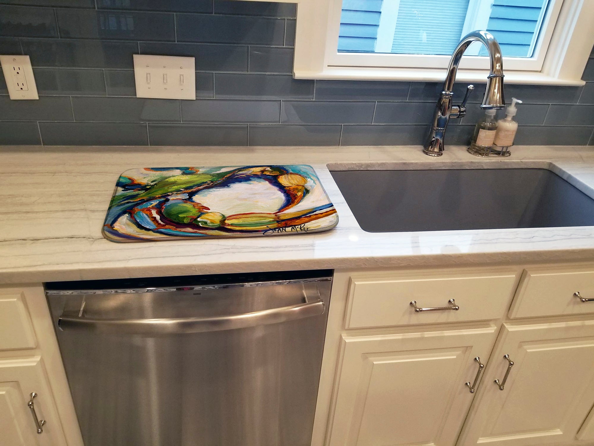 Blue Crab Dish Drying Mat Absorbent Dish Drying Mat Pad for Kitchen Counter Dish Drainer Mat for Countertop, 14 x 21", Multicolor