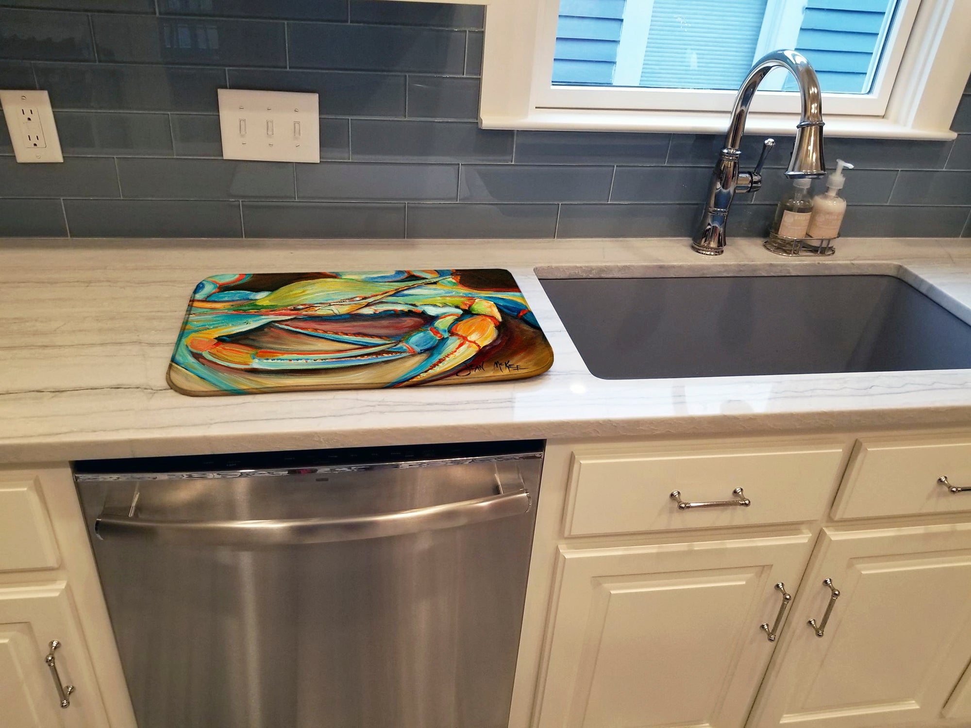 Blue Crab Dish Drying Mat Absorbent Dish Drying Mat Pad for Kitchen Counter Dish Drainer Mat for Countertop, 14 x 21", Multicolor