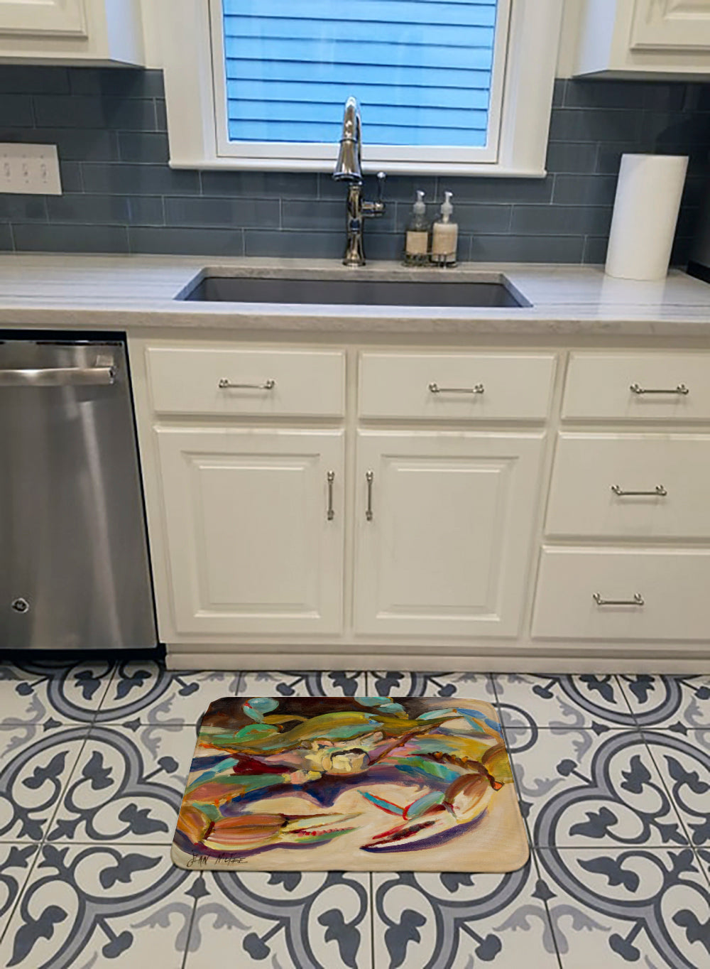 Blue Crab Tail Fin Memory Foam Kitchen Mat Machine Washable Anti-Fatigue Cushion Comfort Bath or Kitchen Rug