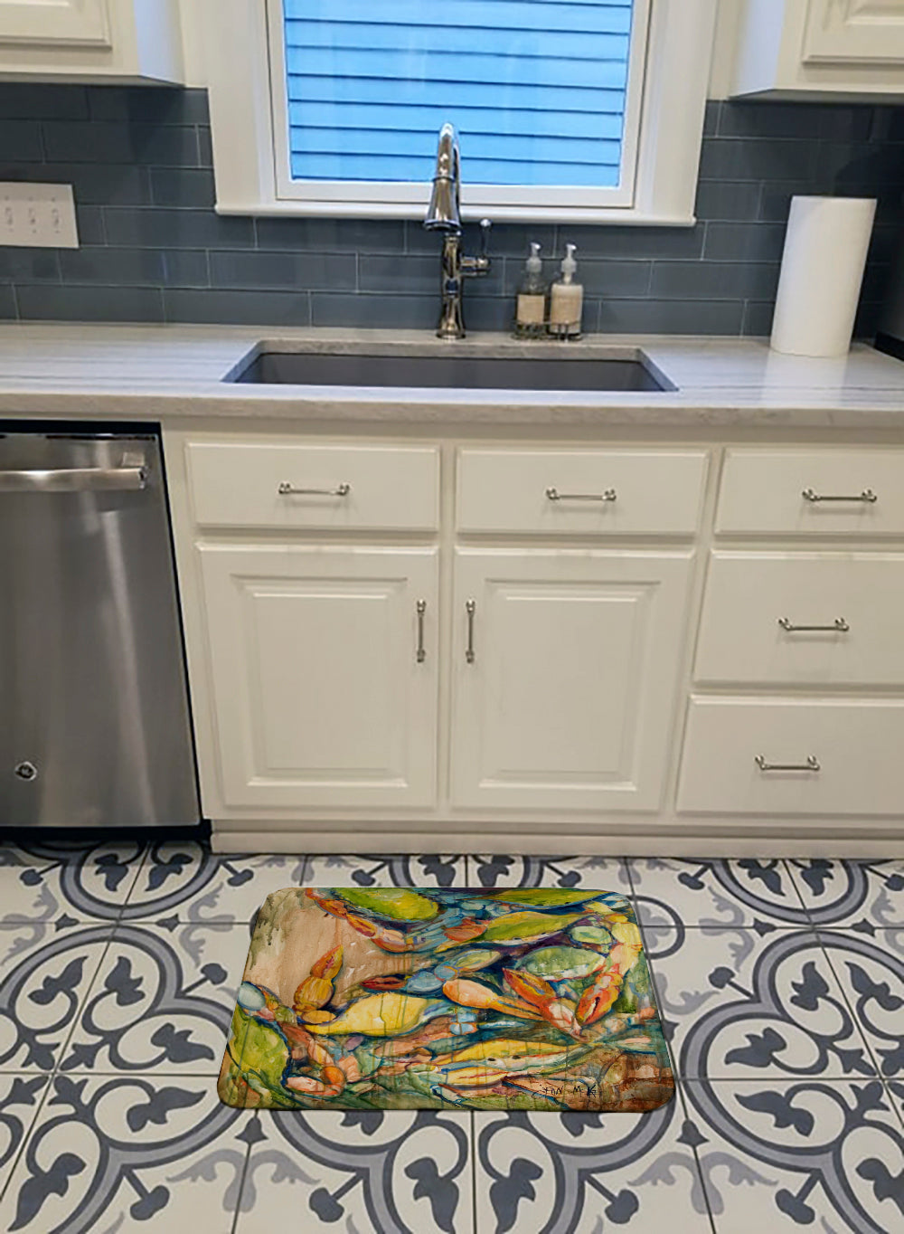 Jubilee Blue Crab Memory Foam Kitchen Mat Machine Washable Anti-Fatigue Cushion Comfort Bath or Kitchen Rug