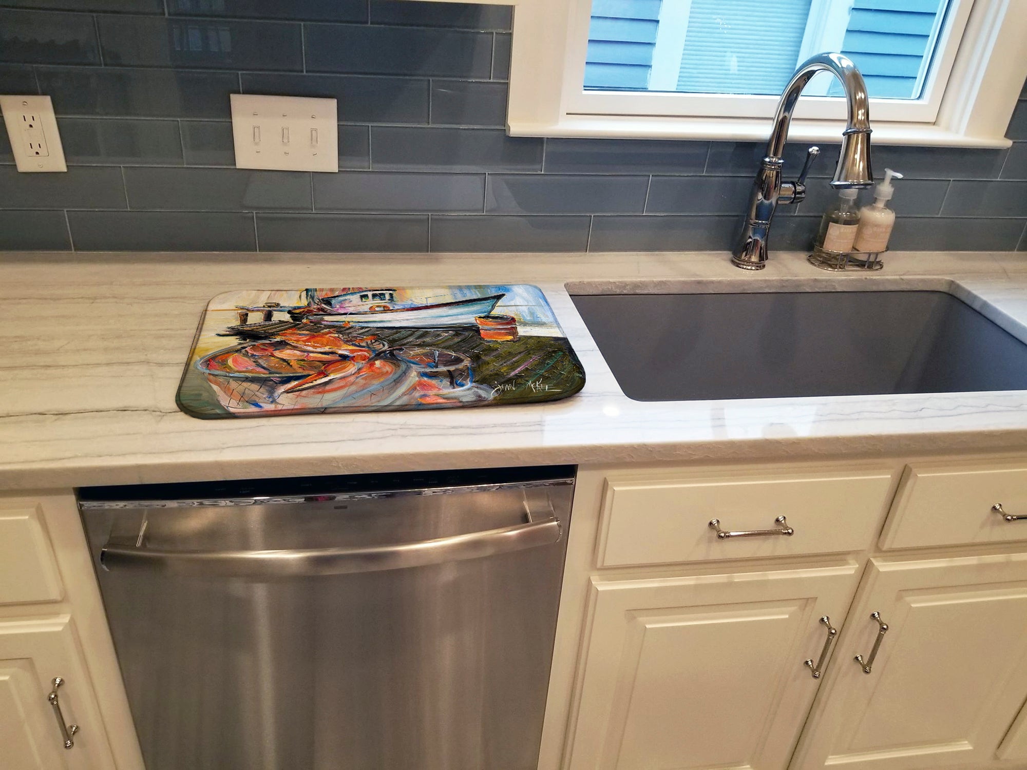 Blue Crab Trap Dish Drying Mat Absorbent Dish Drying Mat Pad for Kitchen Counter Dish Drainer Mat for Countertop, 14 x 21", Multicolor