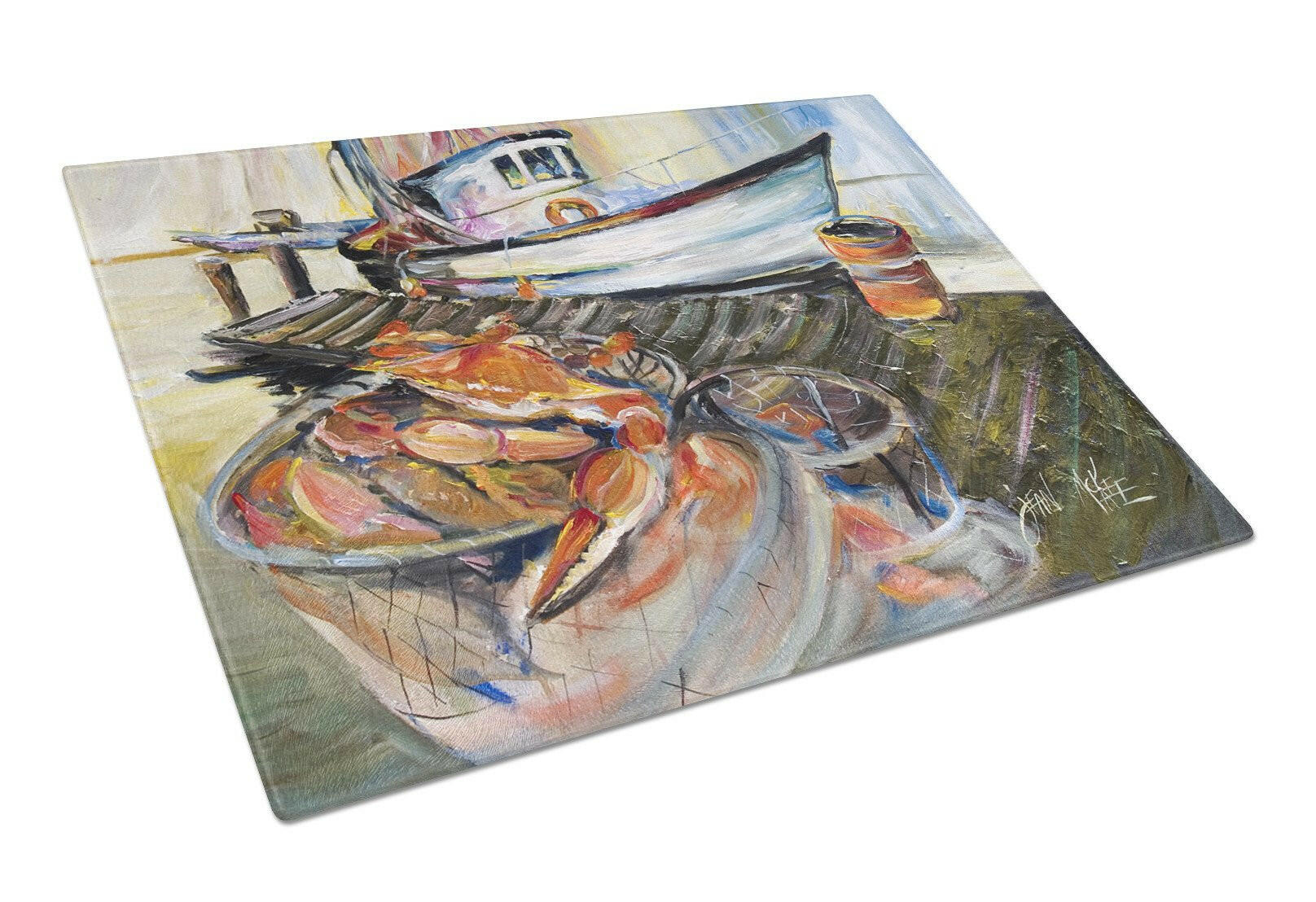 Blue Crab Trap Cutting Board Tempered Glass Kitchen Cutting Surface, Heat Resistant Chopping, Non-Slip Feet, Food Prep & Serving