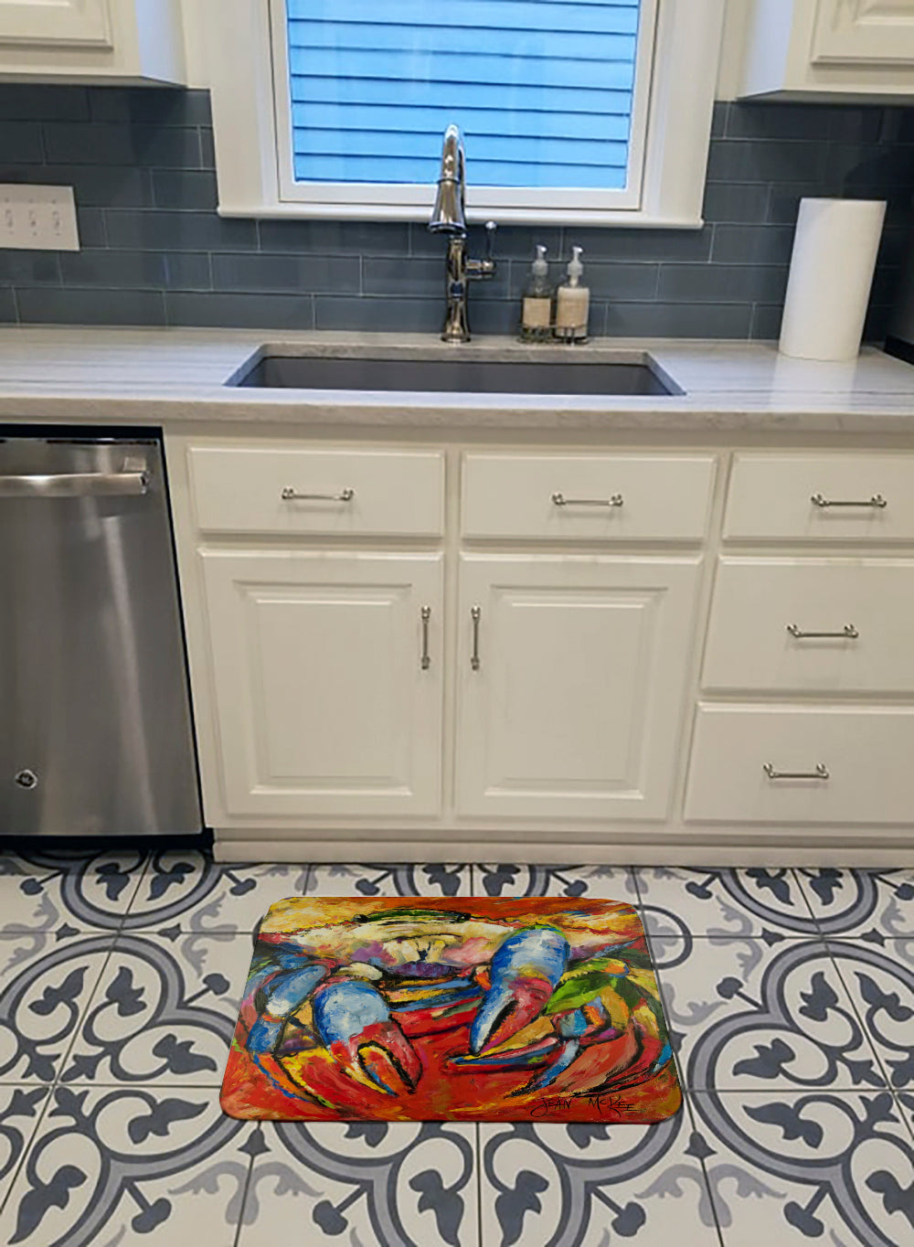 Blue Crab Red Memory Foam Kitchen Mat Machine Washable Anti-Fatigue Cushion Comfort Bath or Kitchen Rug