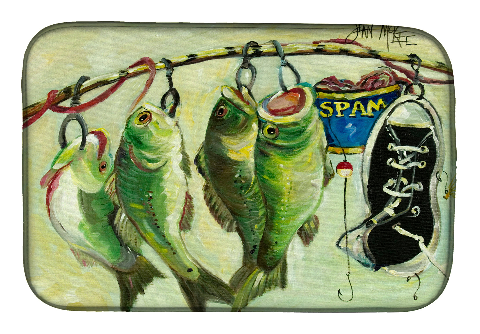 Recession Food Fish caught with Spam Dish Drying Mat Absorbent Dish Drying Mat Pad for Kitchen Counter Dish Drainer Mat for Countertop, 14 x 21", Multicolor