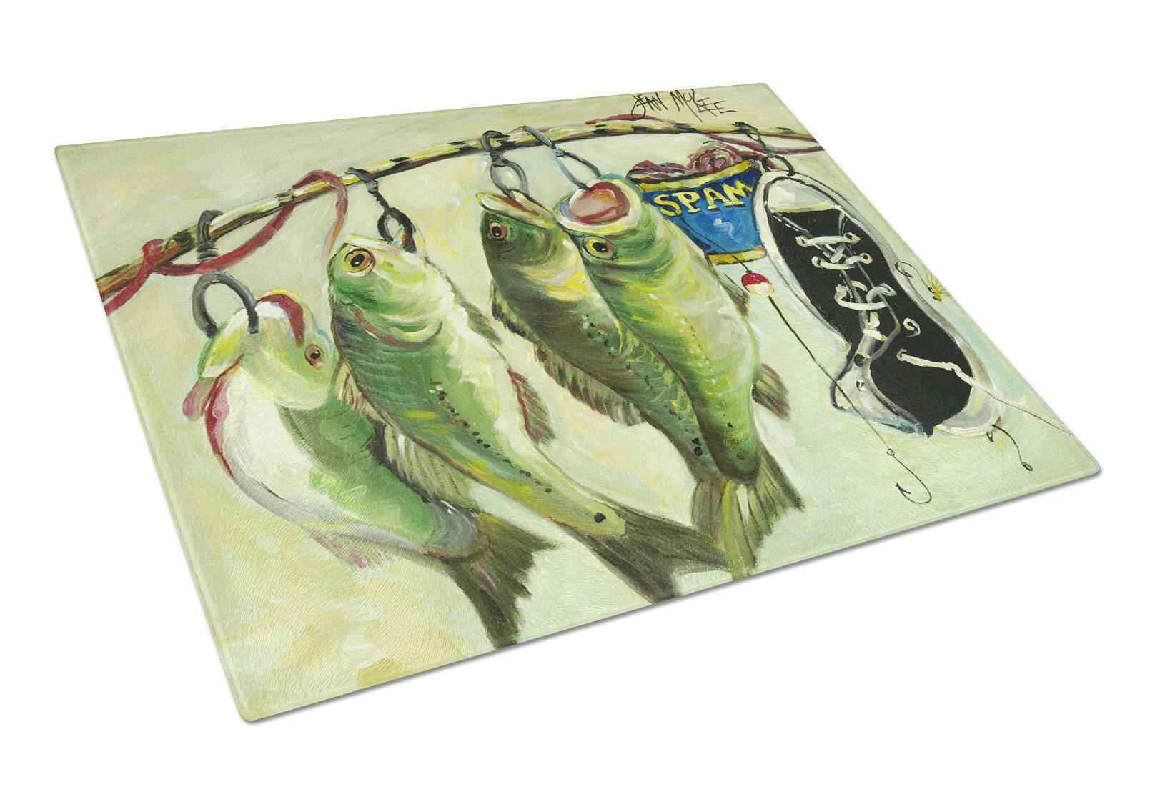 Recession Food Fish caught with Spam Cutting Board Tempered Glass Kitchen Cutting Surface, Heat Resistant Chopping, Non-Slip Feet, Food Prep & Serving