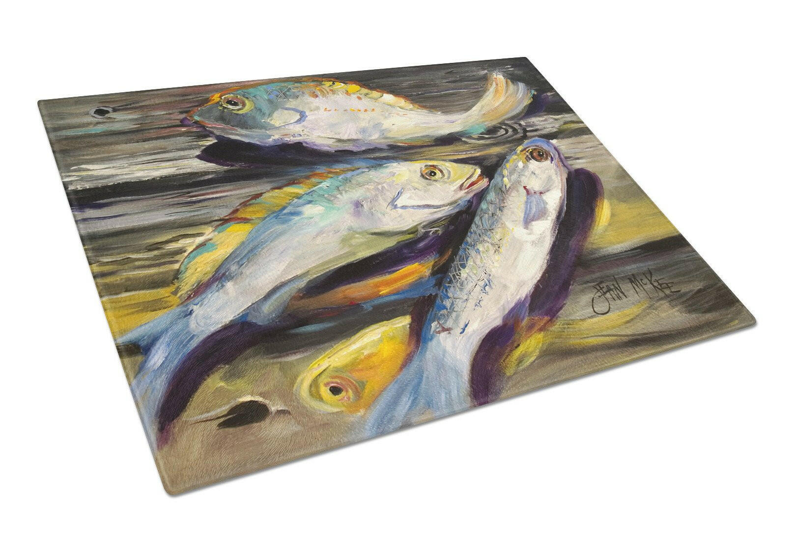 Fish on the Dock Cutting Board Tempered Glass Kitchen Cutting Surface, Heat Resistant Chopping, Non-Slip Feet, Food Prep & Serving