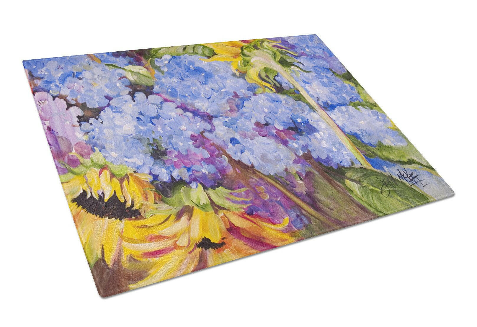 Hydrangeas and Sunflowers Cutting Board Tempered Glass Kitchen Cutting Surface, Heat Resistant Chopping, Non-Slip Feet, Food Prep & Serving
