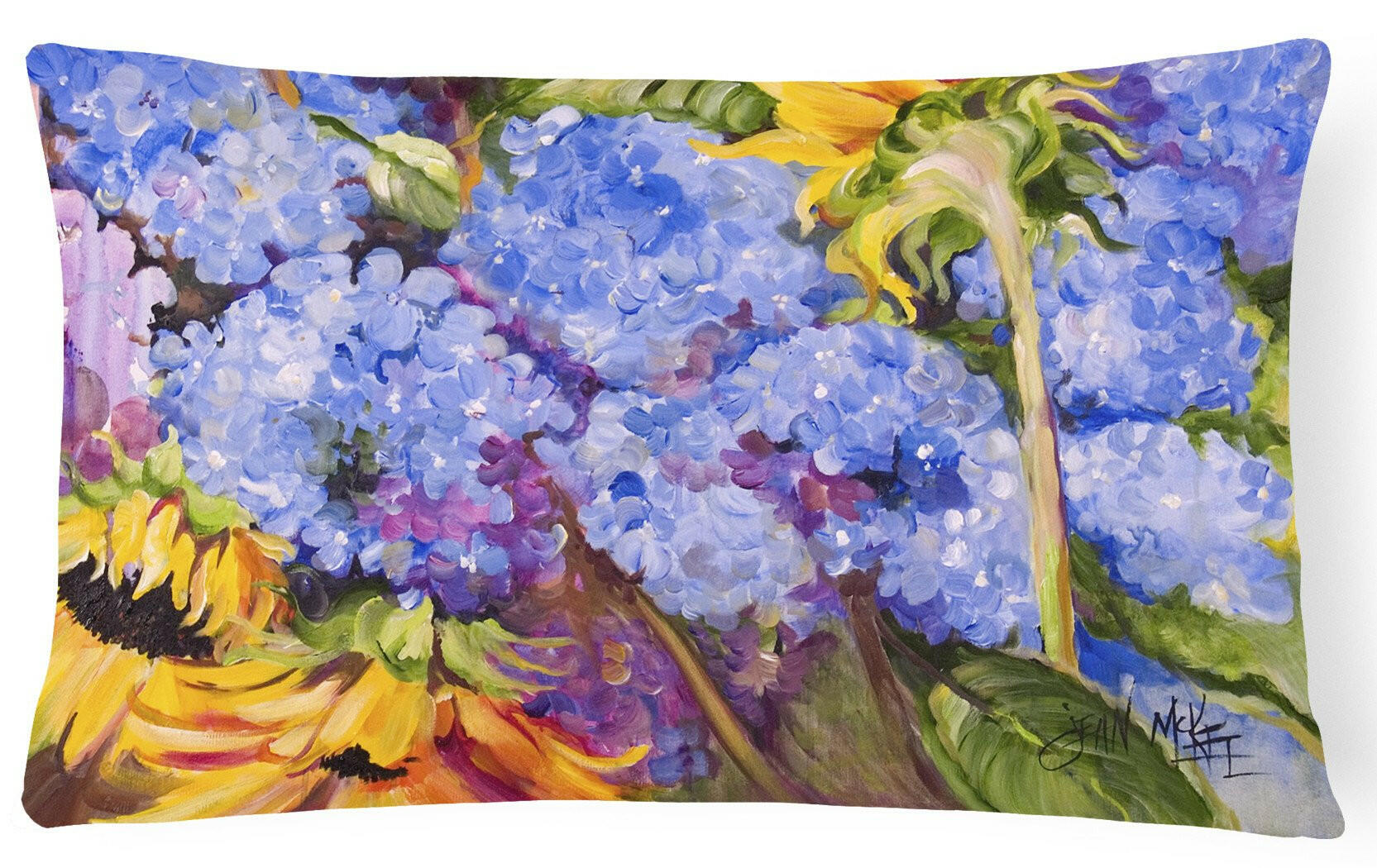 Hydrangeas and Sunflowers Decorative Throw Pillow 12x16 Indoor Outdoor Accent Cushion, Fabric Cover with Insert for Sofa, Bed, Porch & Living Room