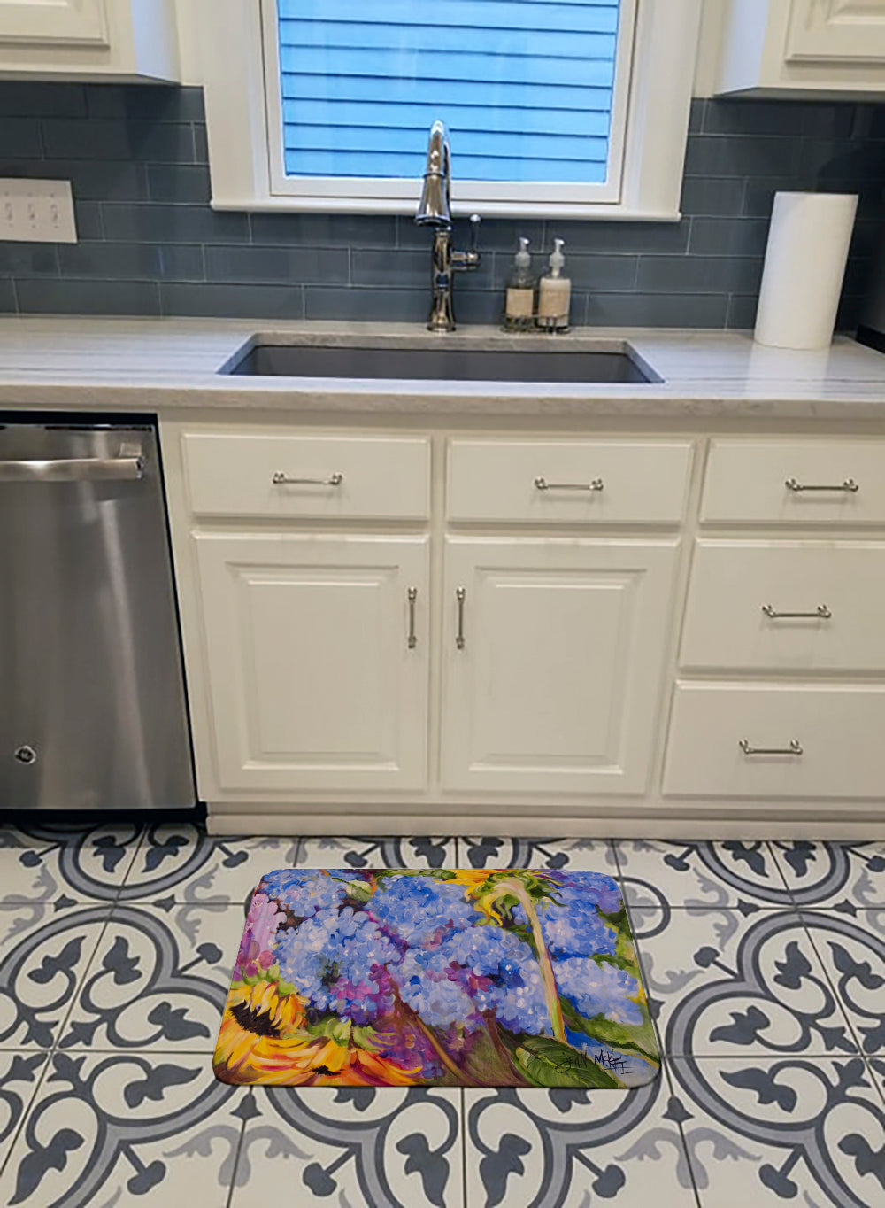 Hydrangeas and Sunflowers Memory Foam Kitchen Mat Machine Washable Anti-Fatigue Cushion Comfort Bath or Kitchen Rug