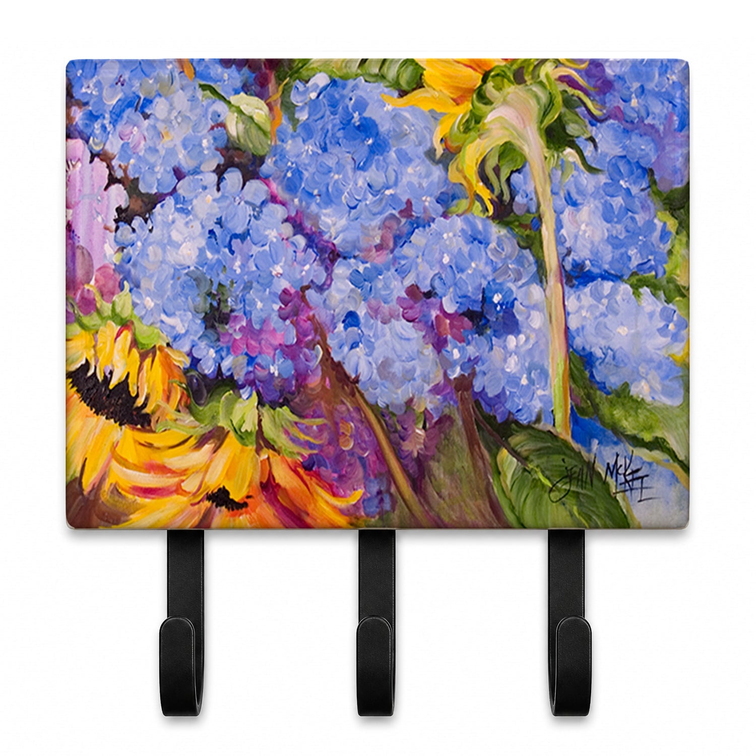 Hydrangeas and Sunflowers Leash or Key Holder Wall Hooks, Coat Rack Wall Mount, for Hanging Keys, Towels, Aprons, Leashes