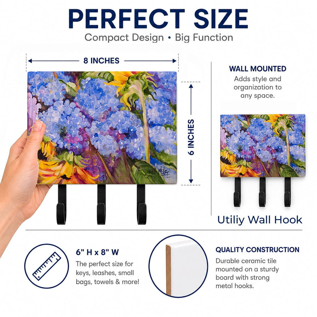 Hydrangeas and Sunflowers Leash or Key Holder Wall Hooks, Coat Rack Wall Mount, for Hanging Keys, Towels, Aprons, Leashes