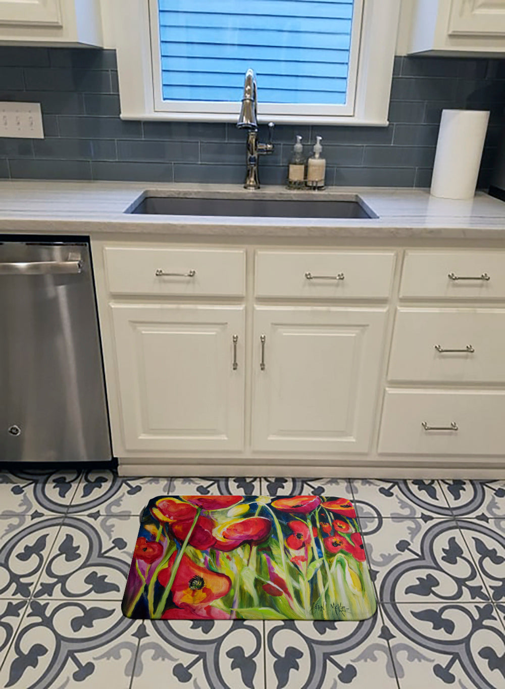 Red Poppies Memory Foam Kitchen Mat Machine Washable Anti-Fatigue Cushion Comfort Bath or Kitchen Rug