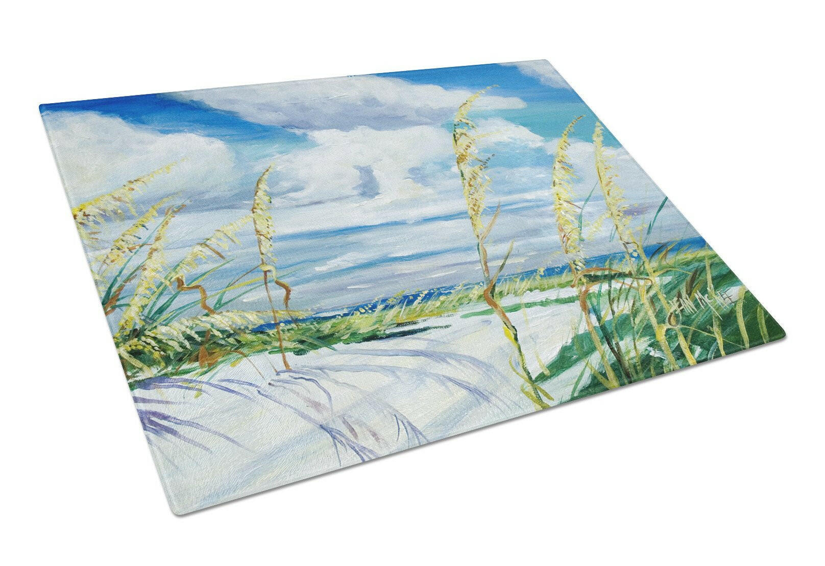 Sea Oats Cutting Board Tempered Glass Kitchen Cutting Surface, Heat Resistant Chopping, Non-Slip Feet, Food Prep & Serving