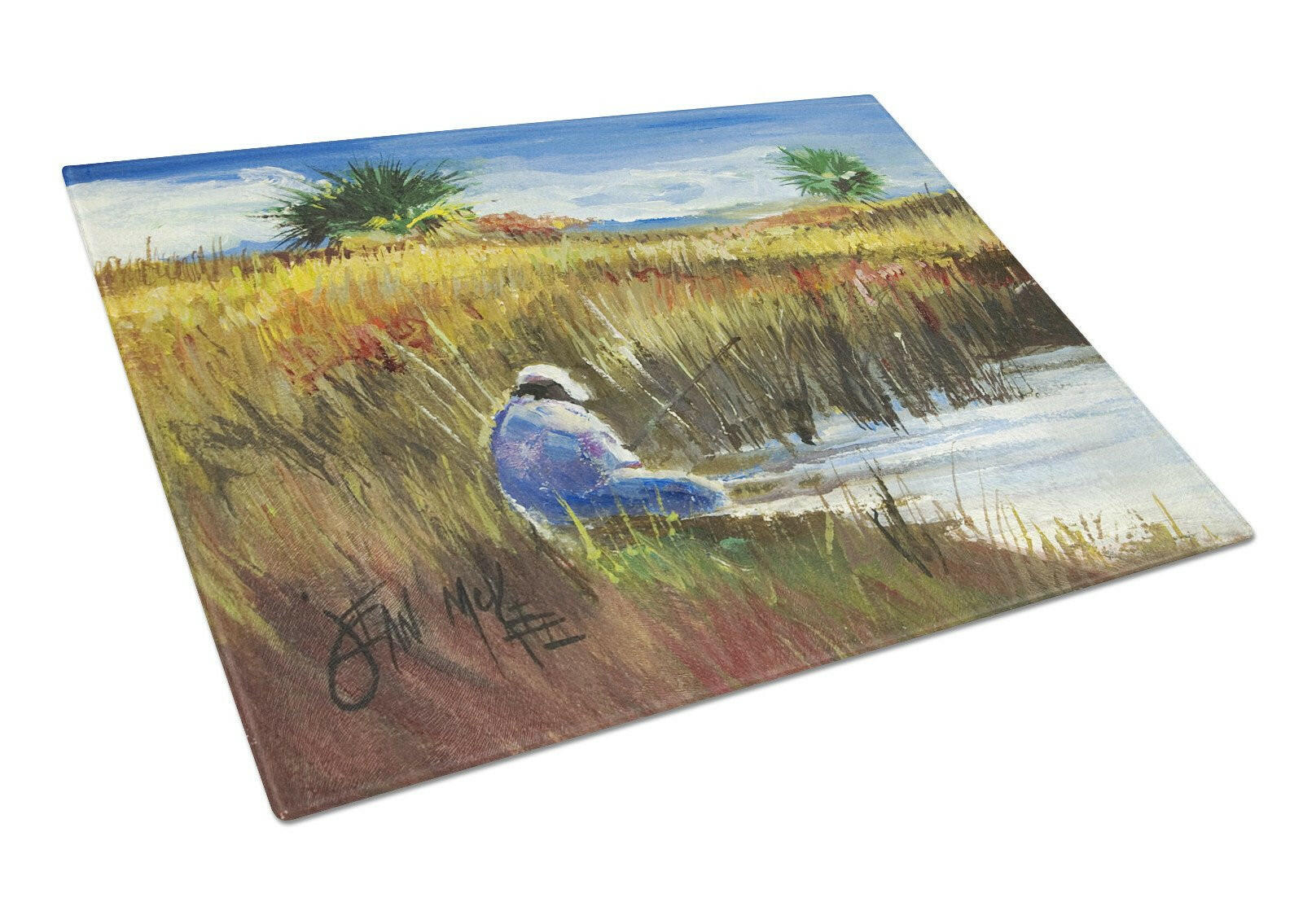 Fisherman on the Bank Cutting Board Tempered Glass Kitchen Cutting Surface, Heat Resistant Chopping, Non-Slip Feet, Food Prep & Serving
