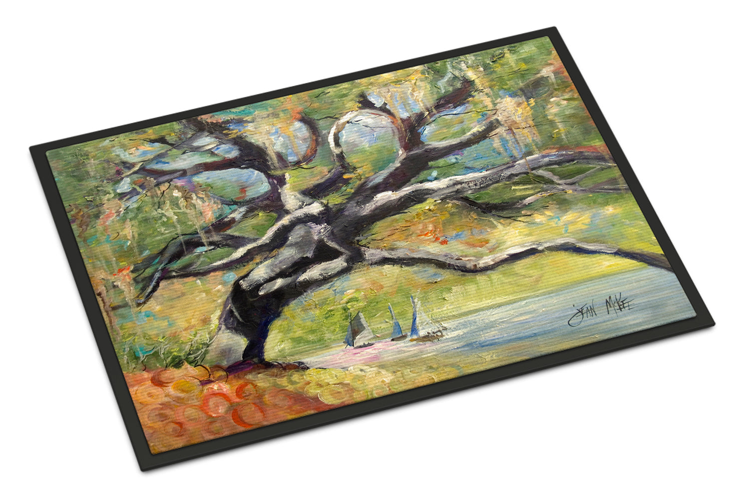 Oak Tree on the Bay with Sailboats Doormat Indoor Outdoor 24H X 36W Front Door Mat Rugs for Entryway, Non Slip Washable Low Pile,