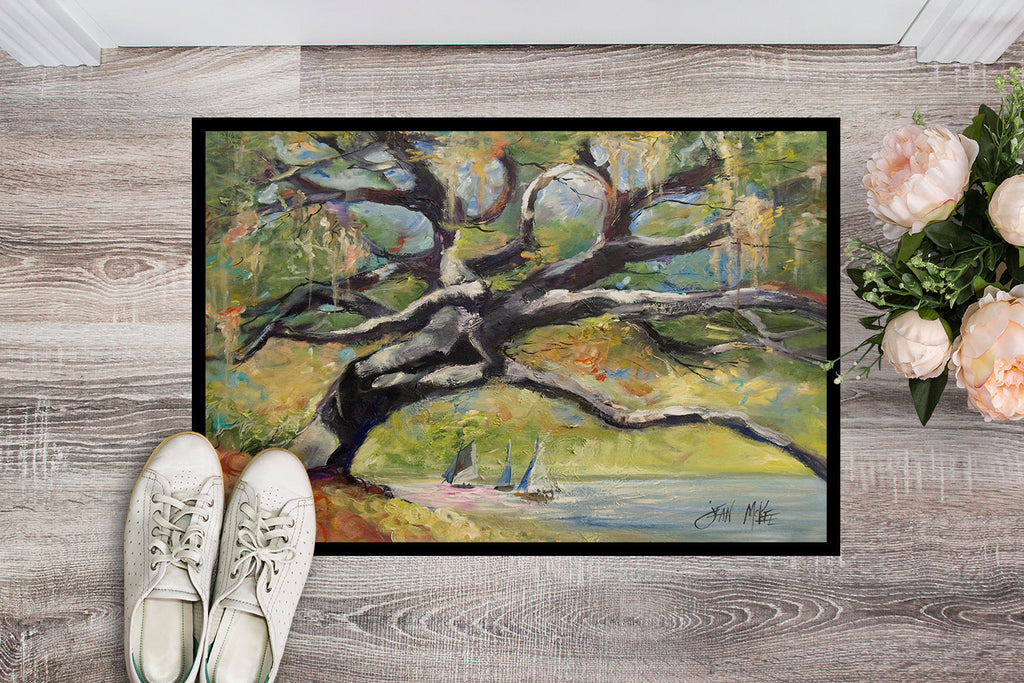 Oak Tree on the Bay with Sailboats Doormat Indoor Outdoor 24H X 36W Front Door Mat Rugs for Entryway, Non Slip Washable Low Pile,