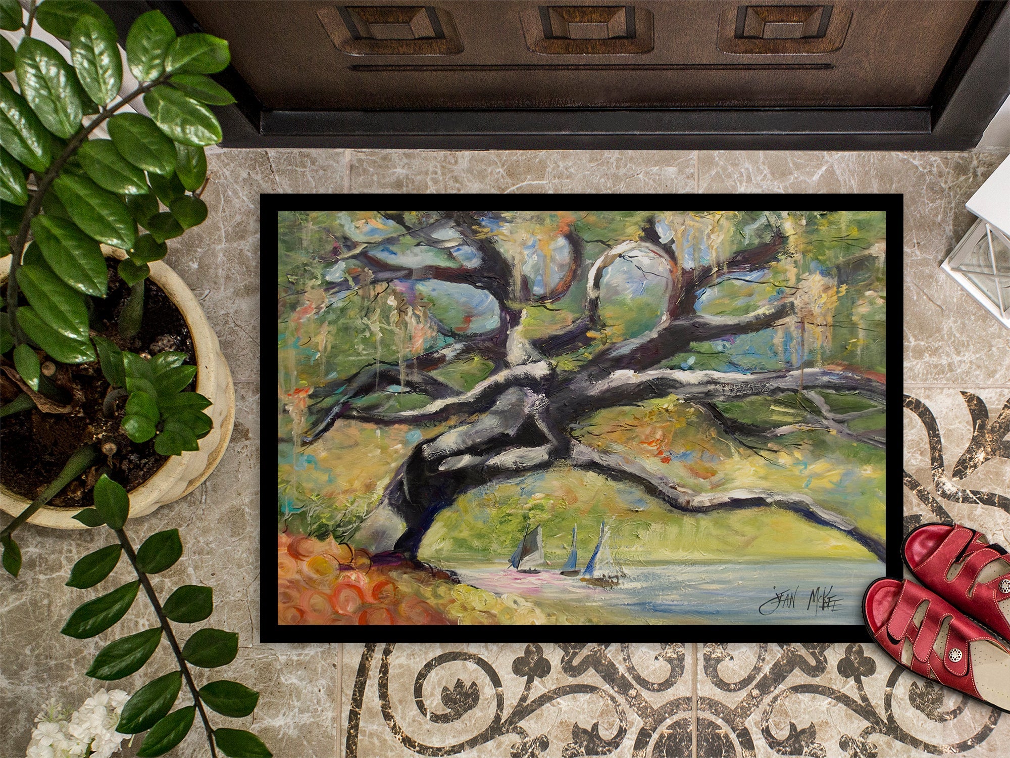 Oak Tree on the Bay with Sailboats Doormat Indoor Outdoor 24H X 36W Front Door Mat Rugs for Entryway, Non Slip Washable Low Pile,