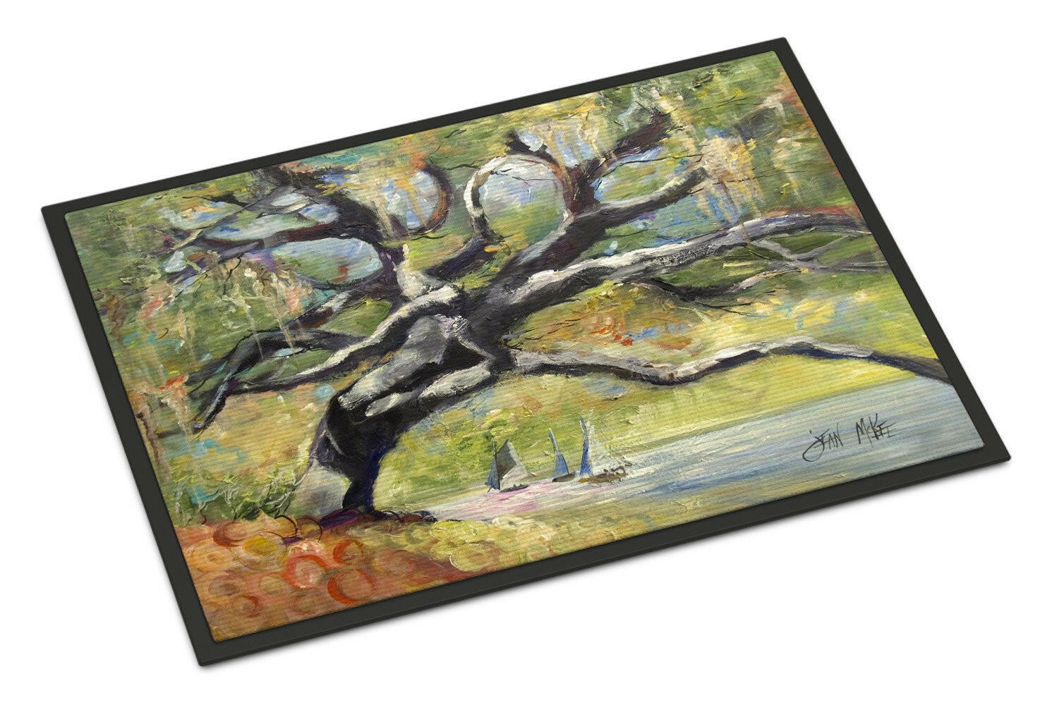 Oak Tree on the Bay with Sailboats Doormat Indoor Outdoor 18H X 27W Front Door Mat Rugs for Entryway, Non Slip Washable